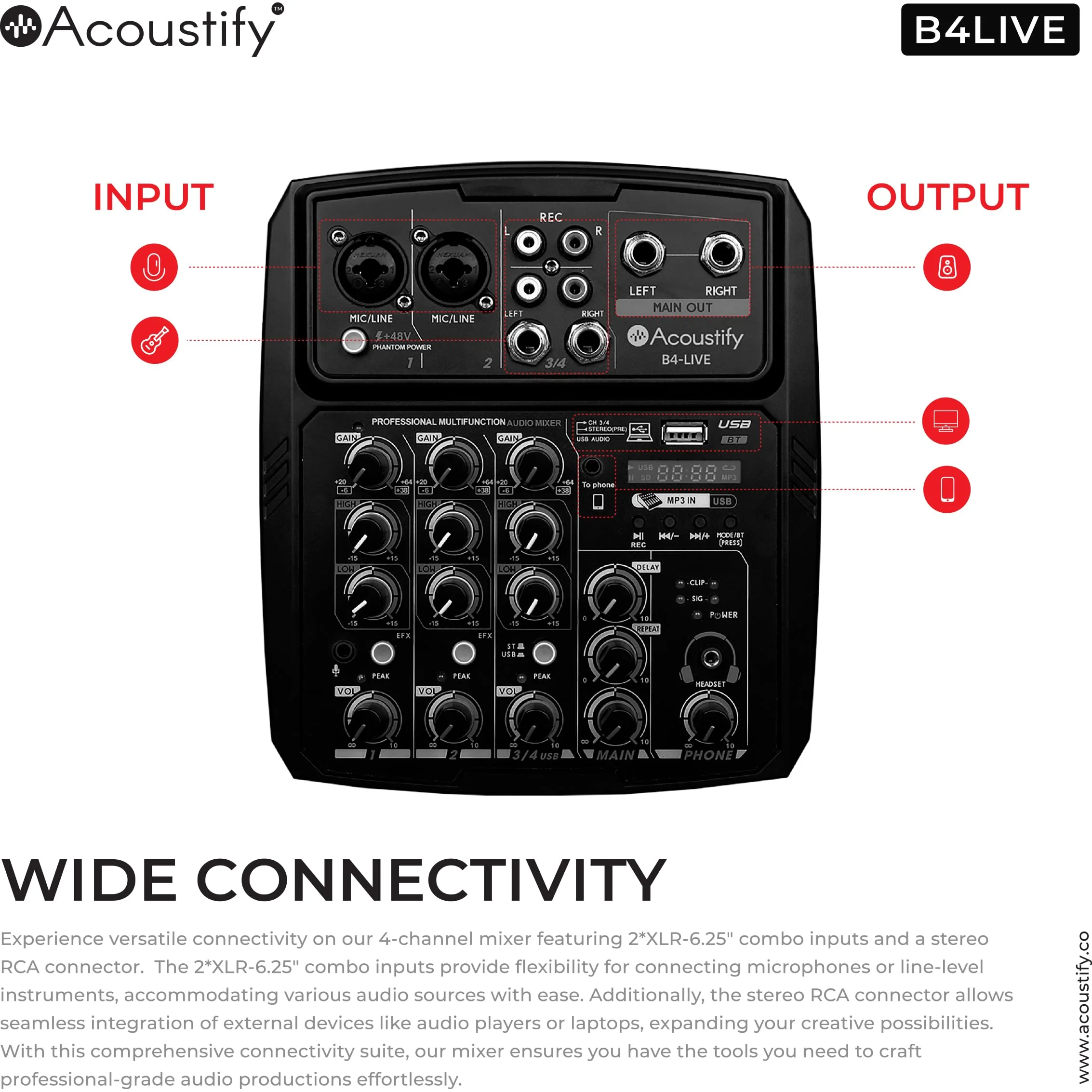 B4-Live 4-Channel DJ Mixer with Bluetooth, USB Playback, Recording, 48V Phantom Power, and Effects – Professional DJ Audio Mixer for Live Sound, Podcasting, and Studio Recording - Image 5