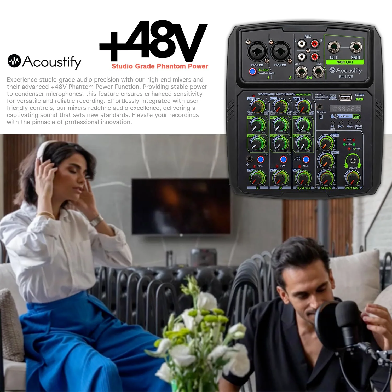 B4-Live 4-Channel DJ Mixer with Bluetooth, USB Playback, Recording, 48V Phantom Power, and Effects – Professional DJ Audio Mixer for Live Sound, Podcasting, and Studio Recording - Image 9