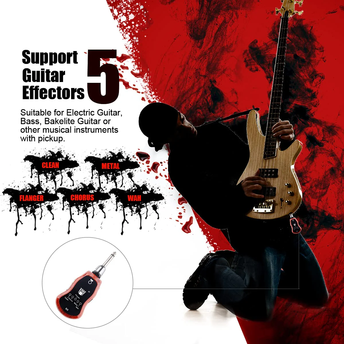 B6 Guitar Headphone Amp Mini Plug Guitar Amplifier Bluetooth Receiver Rechargeable For Electric Travel Pocket Guitar With Reverb/Chorus/Flanger/Overdrive/Wow Wah 5 Effects (Mahogany Color) Mahogany Color; Guitar Bass Headphone Amp - Image 3