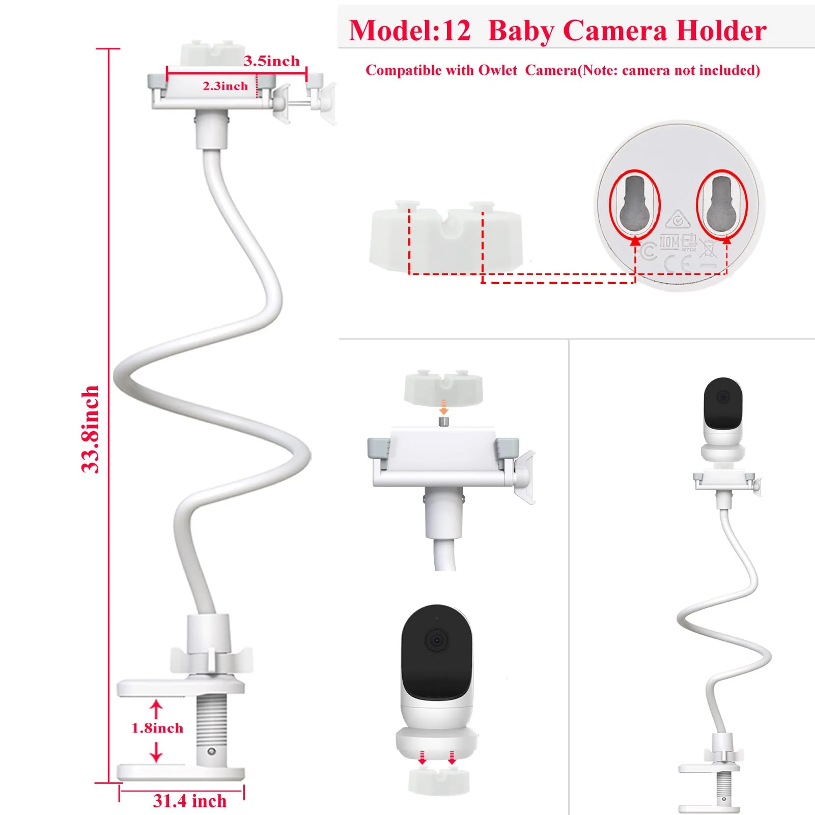 Baby Monitor Holder Mount for Owlet Cam Dream Sight (Gen 3)/Dream Duo (Gen 2)/Cam (Gen2)/ (Gen 1) 33" for Owlet Baby Monitor - Image 3