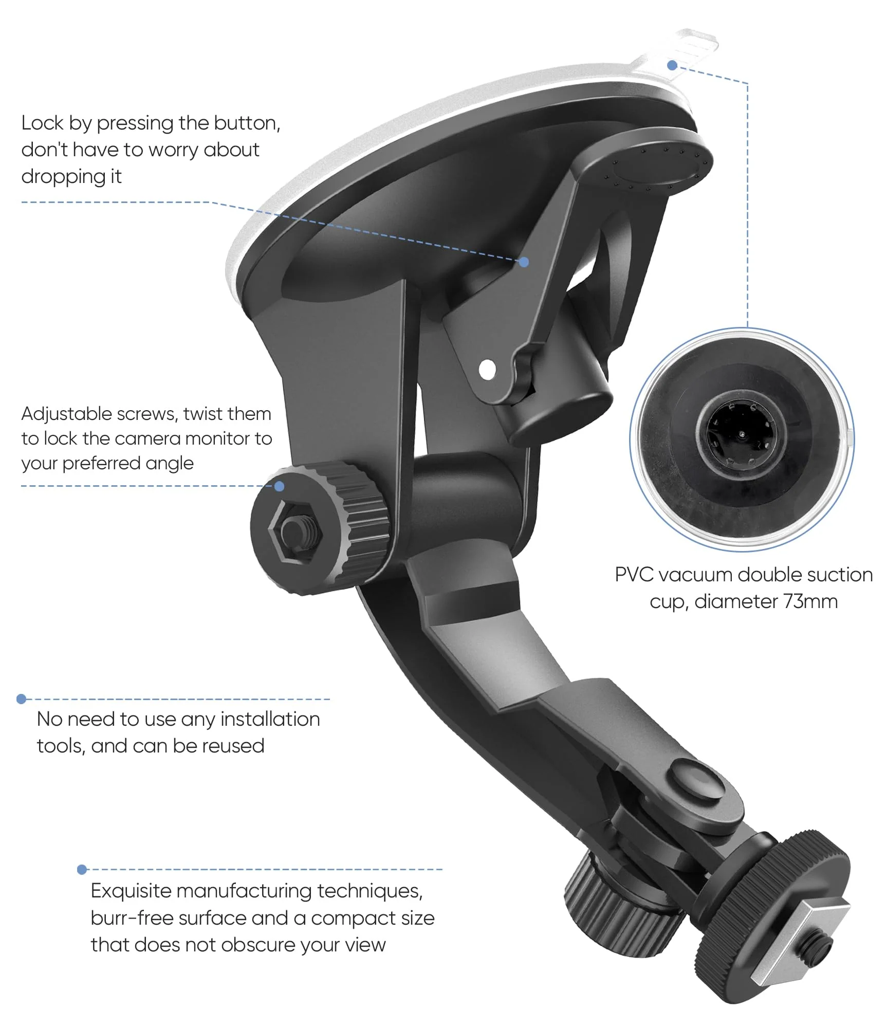 Backup Camera Monitor Mount,(7/9 inch) PixelMan Large Dual Suction Cup Reverse Camera Monitor Mount,Windshield Holder for Rear View Monitor,Car Display Monitor Bracket for RVs,Trucks,Vans - Image 3