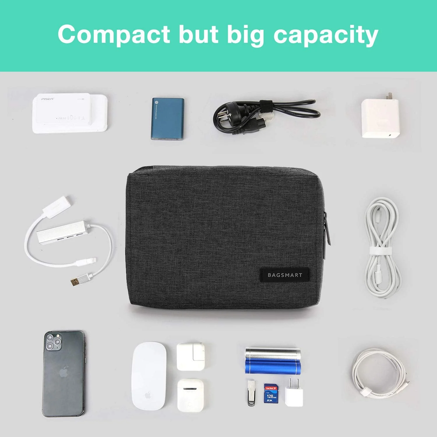 BAGSMART Electronic Organizer Small Travel Cable Organizer Bag for Hard Drives, Cables, Phone, USB, SD Card, Black - Image 3