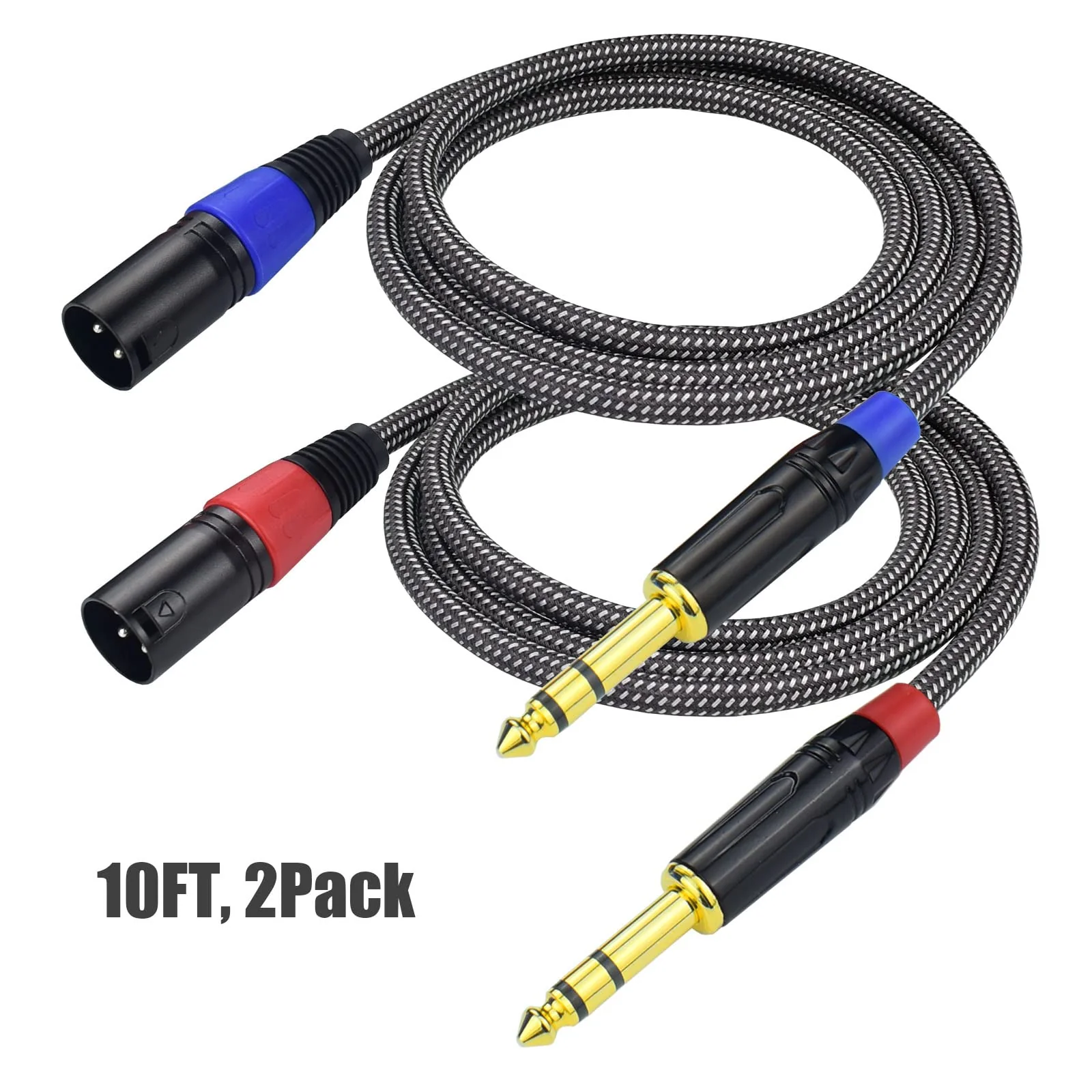 Balanced 1/4" TRS to XLR Male Patch Cable, 10Feet Quarter Inch 6.35mm to 3pin XLR Male Microphone Cable, Heavy Duty Nylon Braided, Gold Plated Plug, for Mixer, Speaker, Studio Monitor -2Pack 10Feet, 2Pack - Image 2