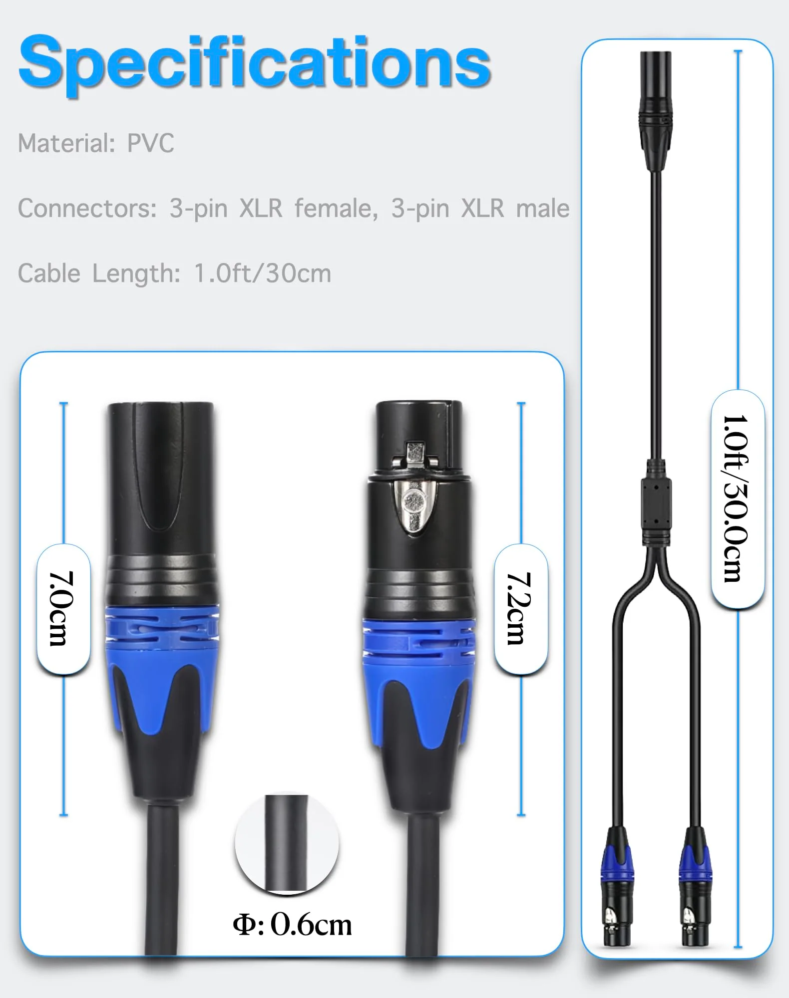 Balanced XLR Y Splitter Cable, XLR Microphone Cable, Male to 2 Female XLR Splitter, 3-Pin XLR Plugs to Dual XLR Jack Adaptor Cord, 1 foot, Blue - Image 3