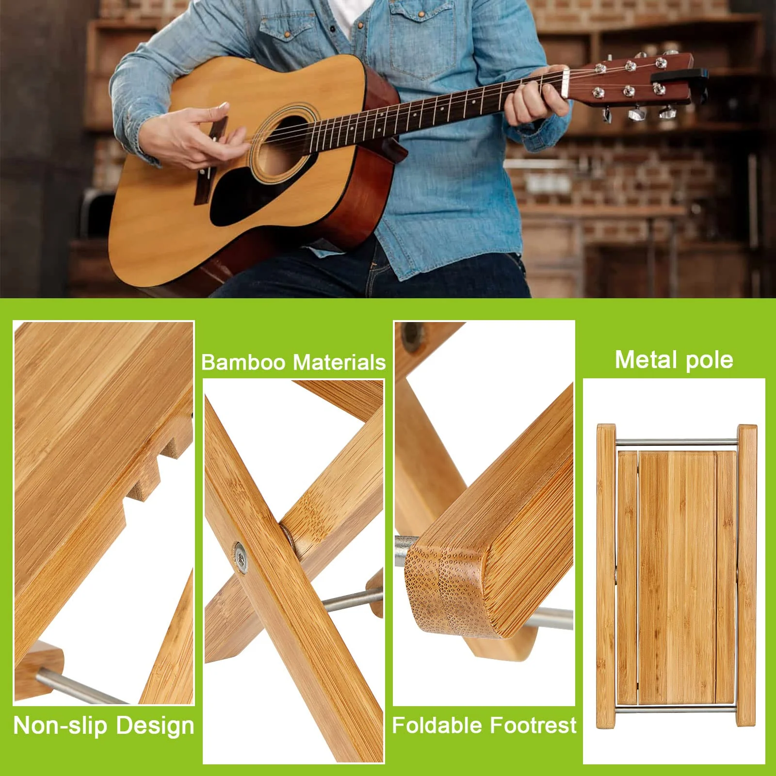 Bamboo Guitar Foot Stool 9.25 Inch 4 Gear Adjustable Non-Slip Foot Rest for Classical Guitar Player - Image 7