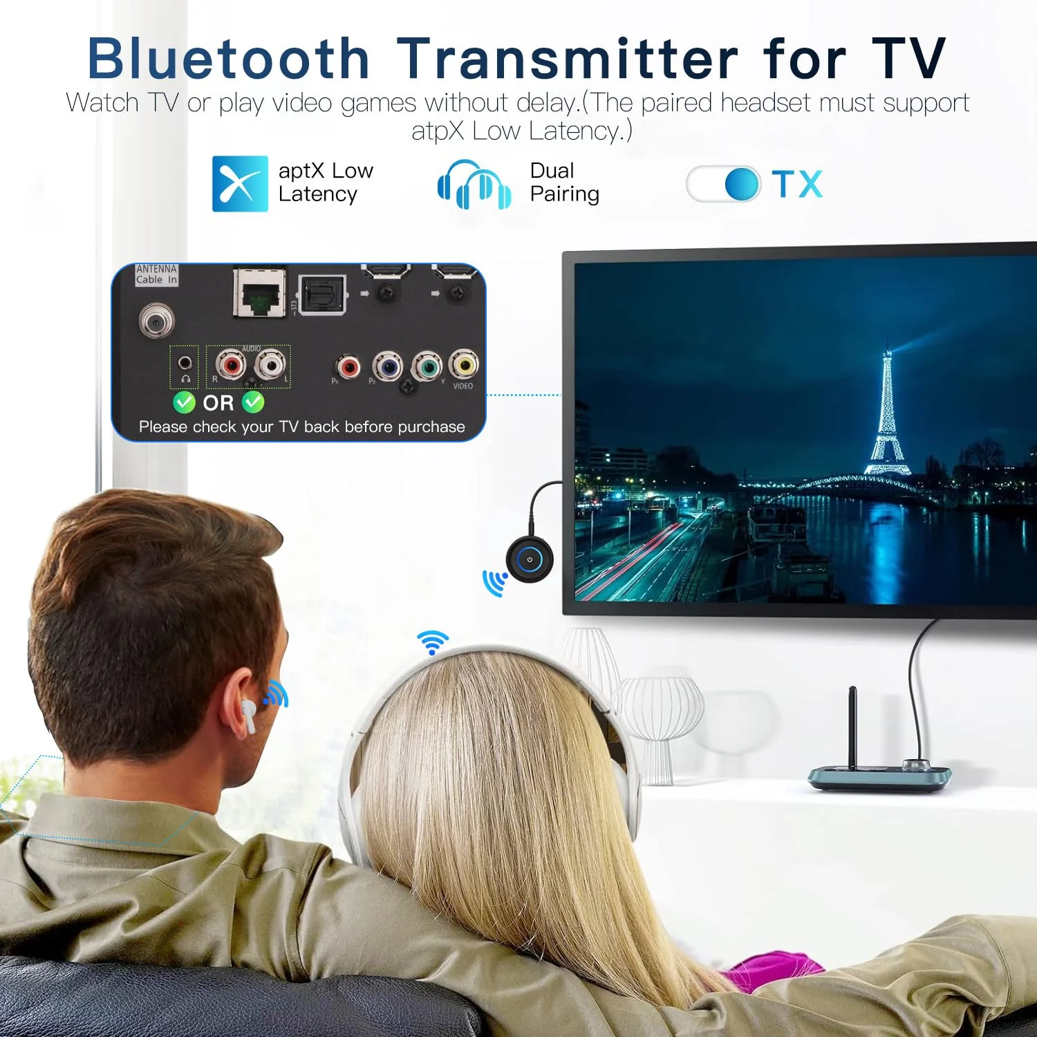 BANIGIPA Bluetooth 5.3 Transmitter Receiver, 2-in-1 Wireless Transmitter Receiver for TV/Airplane/Home Stereo/Speakers/Headphones/Car, Audio Adapter w/3.5mm AUX/RCA Jack, Dual Link, Low Latency, 16H - Image 4