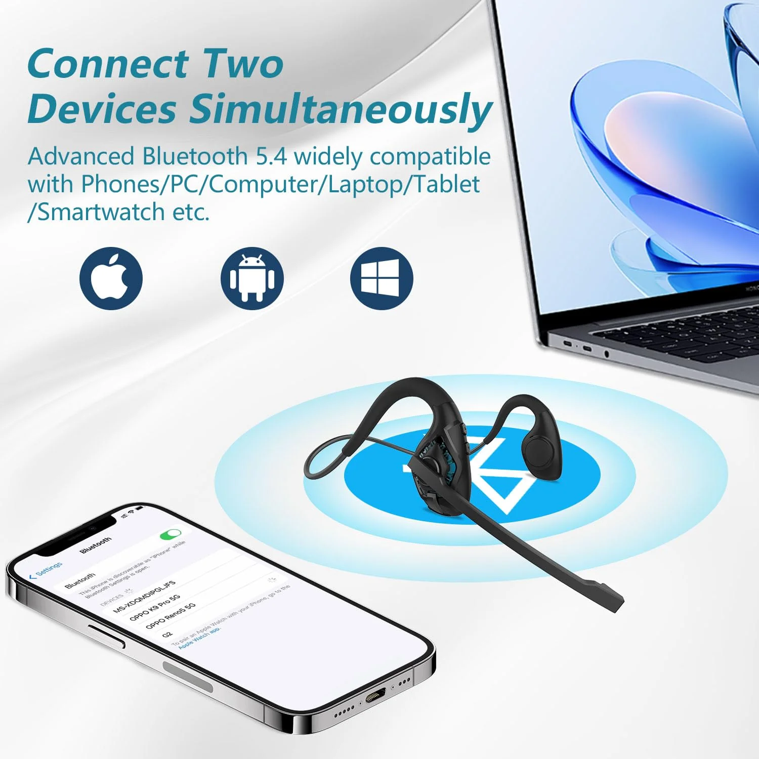 BANIGIPA Bluetooth Headset with Boom Microphone, Open Ear Headphones w/Noise Canceling Mic, Wireless Headset for Phone Laptop PC Computer, Light and Comfortable for Office Meeting Home Working-10 Hrs A-G2 Cyan - Image 5