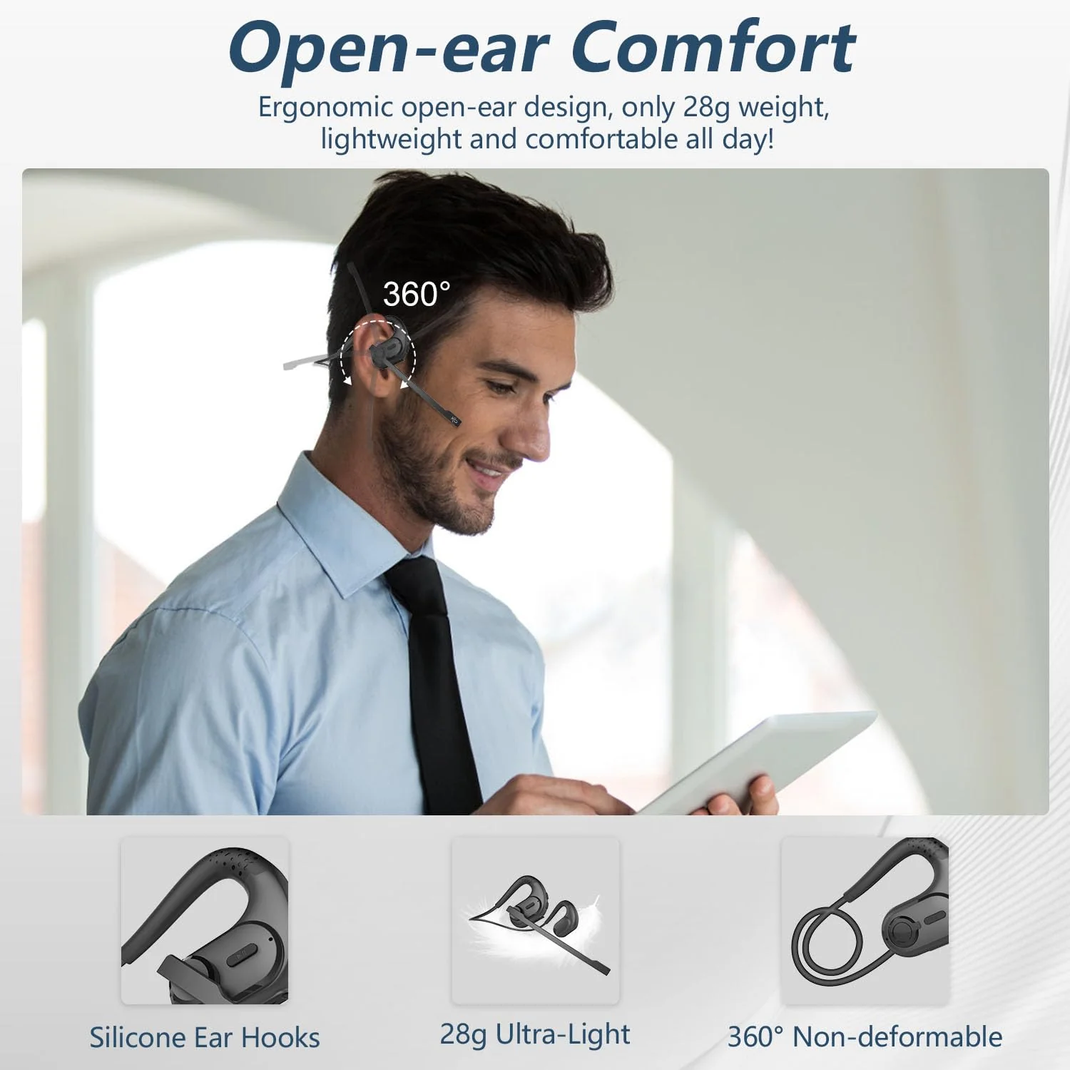 BANIGIPA Bluetooth Headset with Removable Microphone, Noise Cancelling Wireless Headset for Phones Laptop Computer PC, Open Ear Headphones for Office Meeting Running Cycling Driving Working-12 Hrs A-G9 Black Headset Set - Image 2