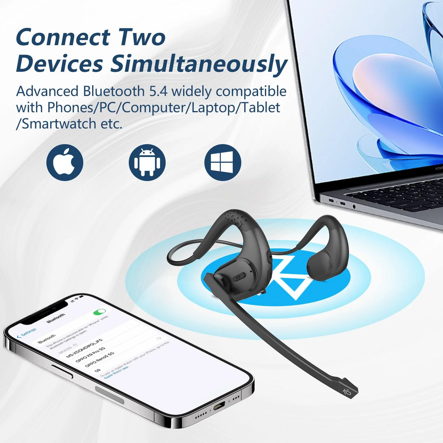 BANIGIPA Bluetooth Headset with Removable Microphone, Noise Cancelling Wireless Headset for Phones Laptop Computer PC, Open Ear Headphones for Office Meeting Running Cycling Driving Working-12 Hrs A-G9 Black Headset Set - Image 5