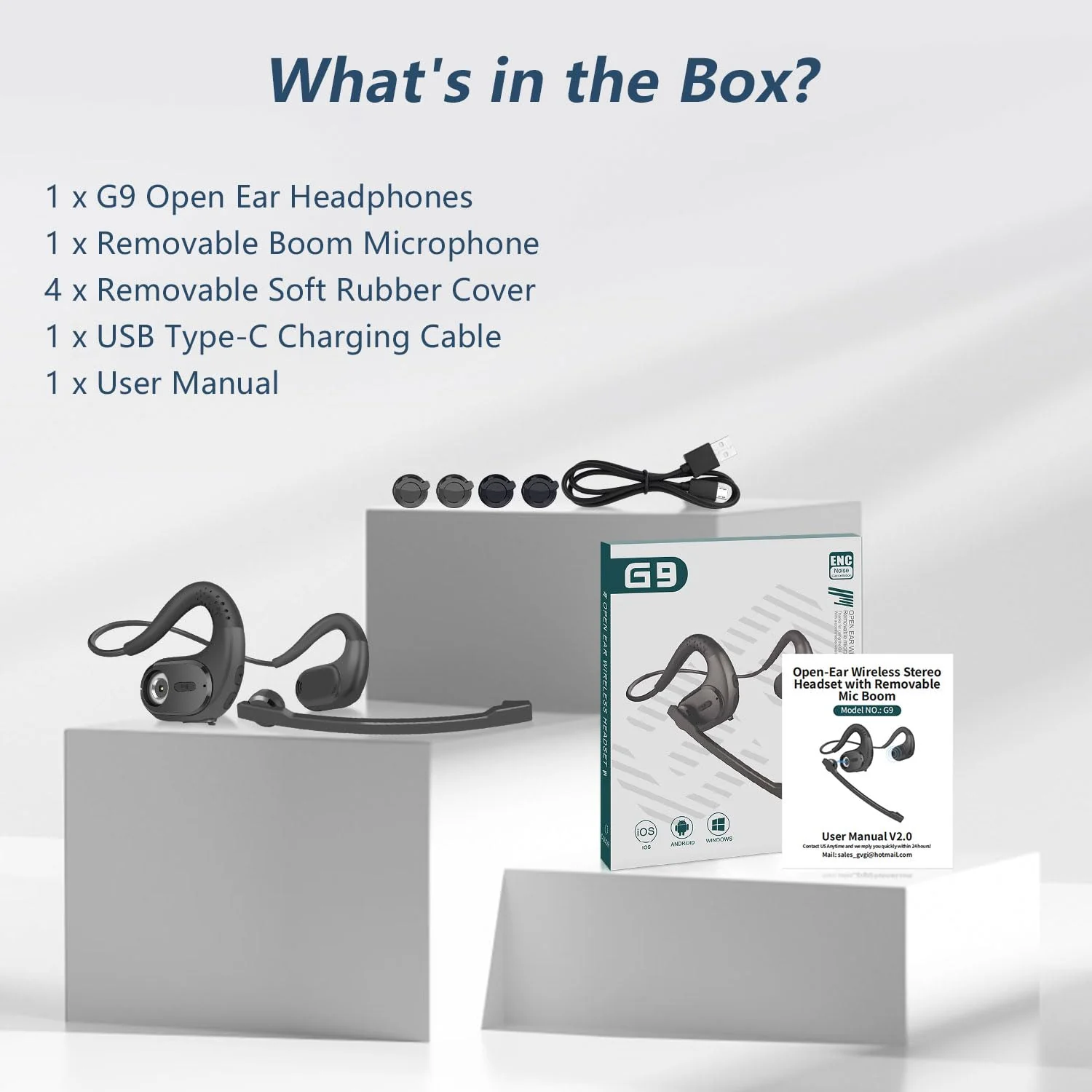BANIGIPA Bluetooth Headset with Removable Microphone, Noise Cancelling Wireless Headset for Phones Laptop Computer PC, Open Ear Headphones for Office Meeting Running Cycling Driving Working-12 Hrs A-G9 Black Headset Set - Image 9