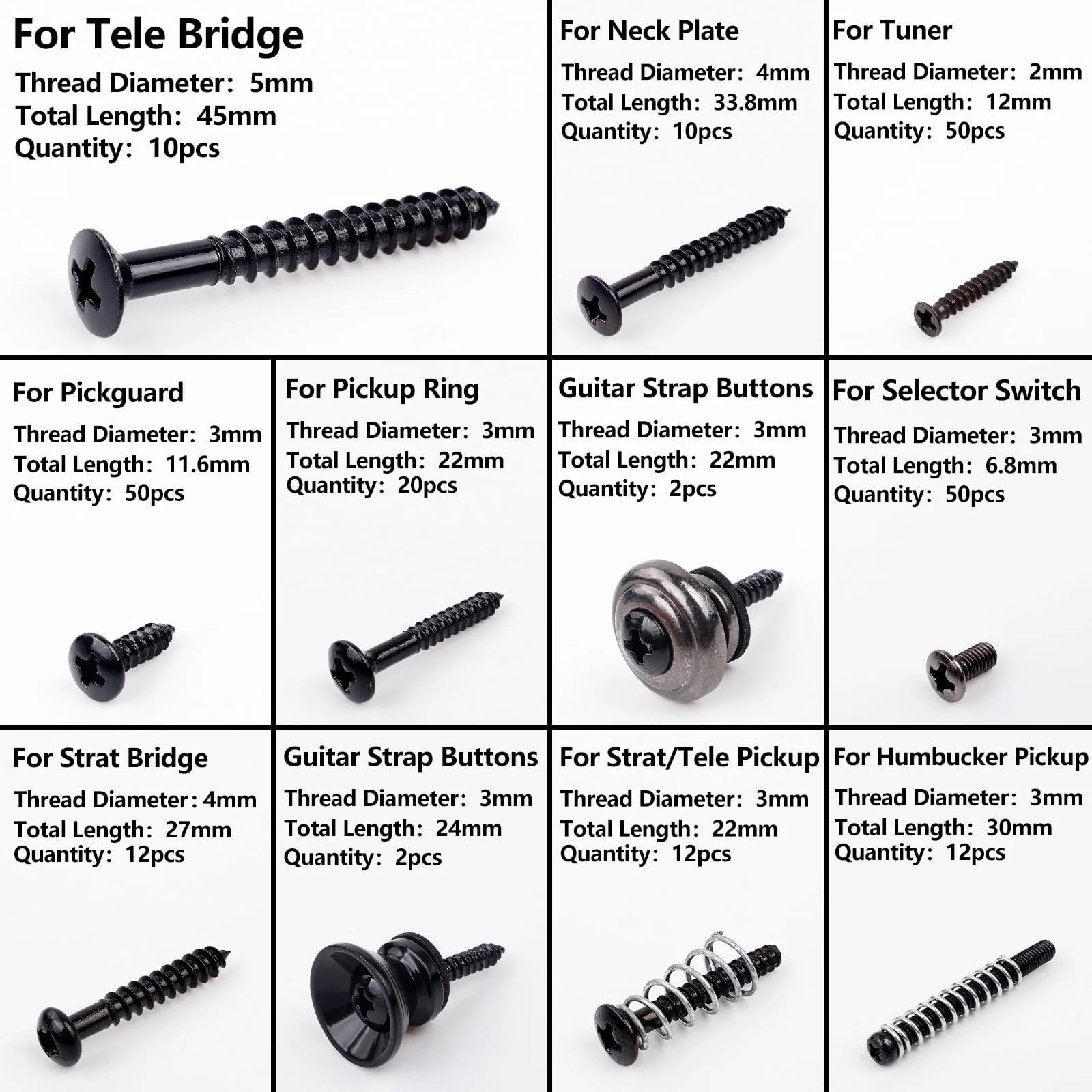 Banworks Metric Sized 258pcs Electric Guitar Screws Kit for Tele/Strat Bridge, Neck Plate, Pickup Rings, Humbucker Pickups, ST/TL Pickups, Pickguards, Tuners, Pickup Selector Switch, Strap End Pins Black - Image 2