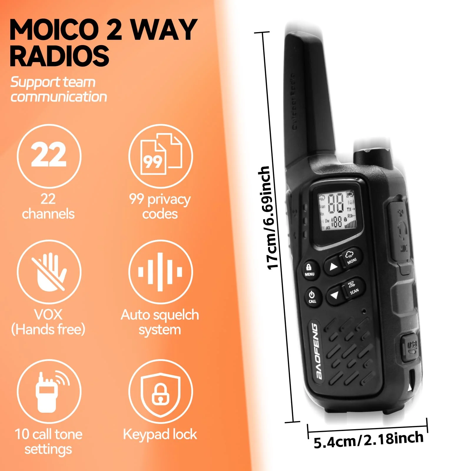 BAOFENG MP25 Walkie Talkies,Family Walkie Talkie Camping Essentials NOAA Weather Scan 155 Privacy Codes 22 FRS Channels 2PC (Black) Black - Image 2