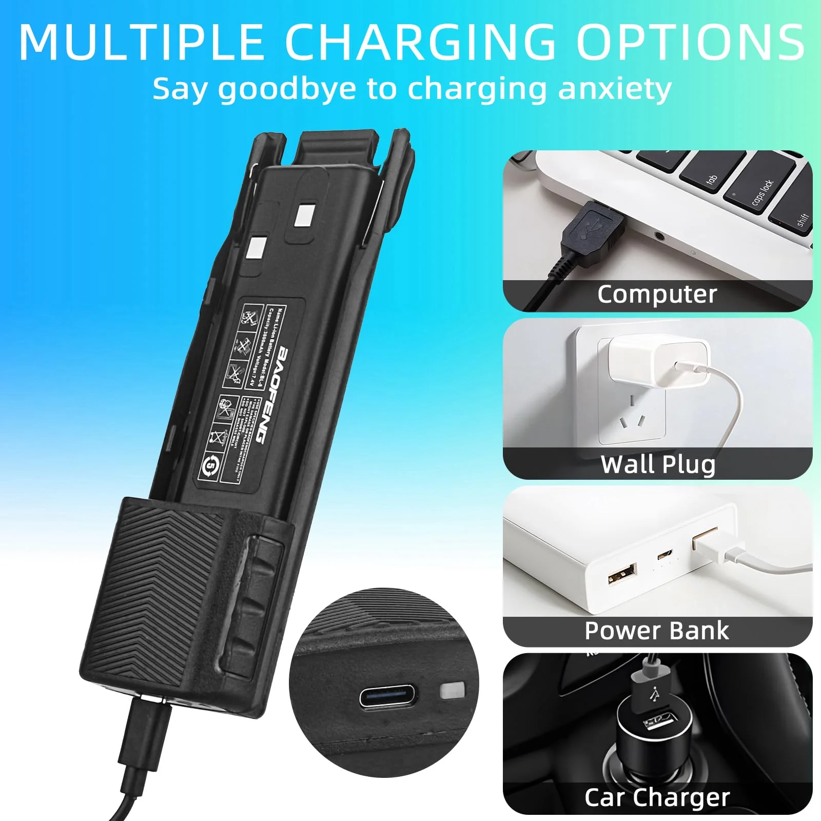 BAOFENG UV-82 Battery,Upgrade 3800mAh High Capacity Extended BL-8 Battery with Type-C Charger for BAOFENG UV-82 UV-82L UV-82C UV-89 GMRS Series Two-Way Radio (2Pack) 2Pack - Image 4