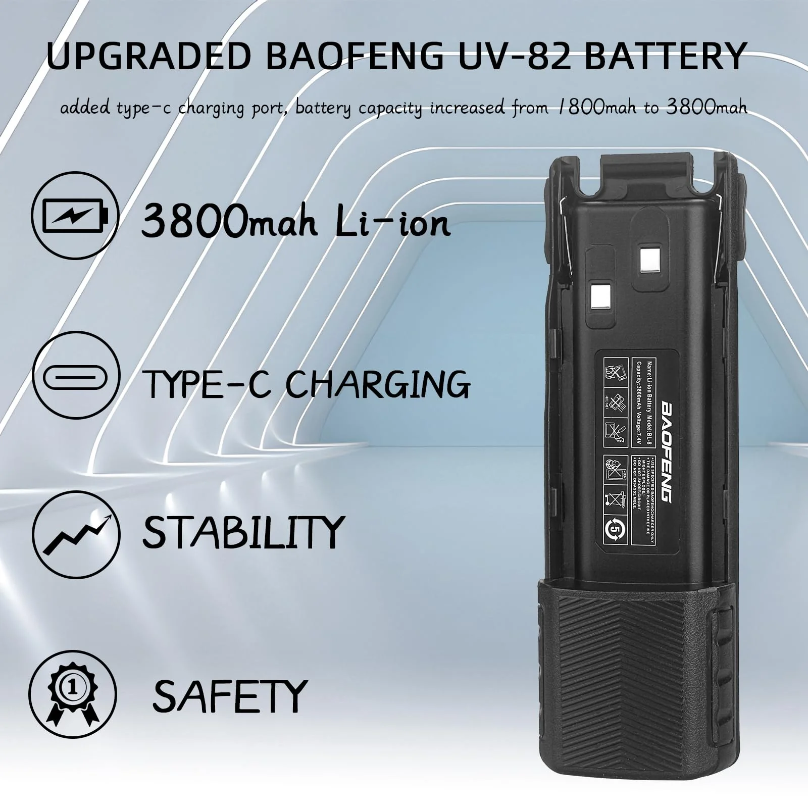 BAOFENG UV-82 Battery,Upgrade 3800mAh High Capacity Extended BL-8 Battery with Type-C Charger for BAOFENG UV-82 UV-82L UV-82C UV-89 GMRS Series Two-Way Radio (2Pack) 2Pack - Image 6