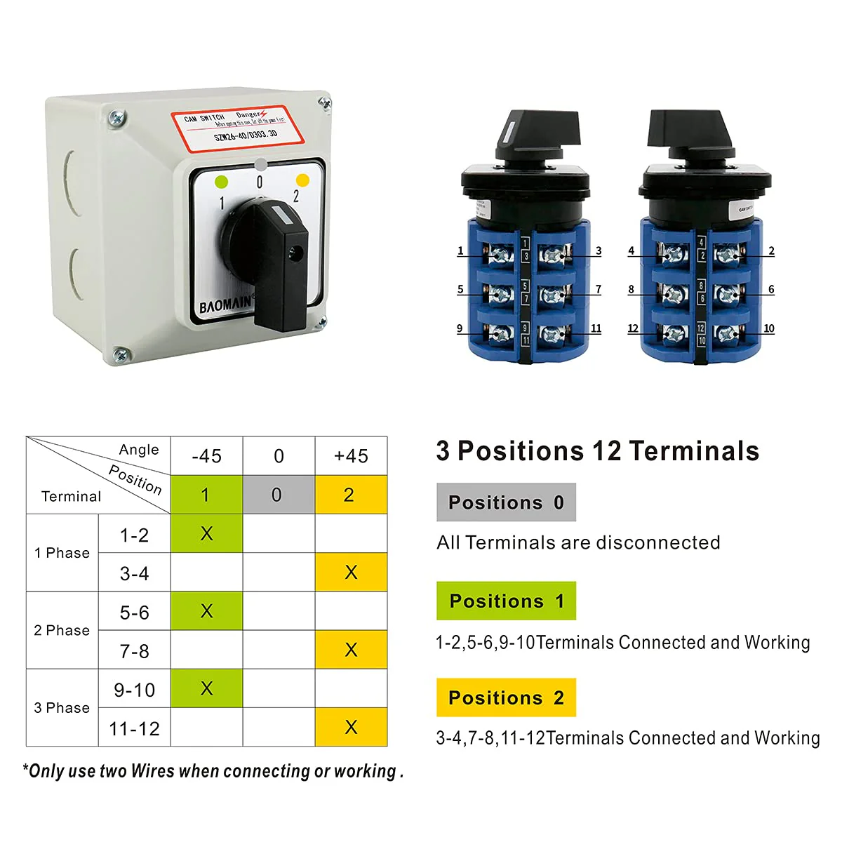 BAOMAIN 3 Phase Rotary Changeover Switch 40A 660V,3 Position (1-0-2) 12 Terminal Universal Cam Selector Switch with Waterproof Exterior Box,Manual Transfer Switch for Motor Control,SZW26-40/D303.3D - Image 2