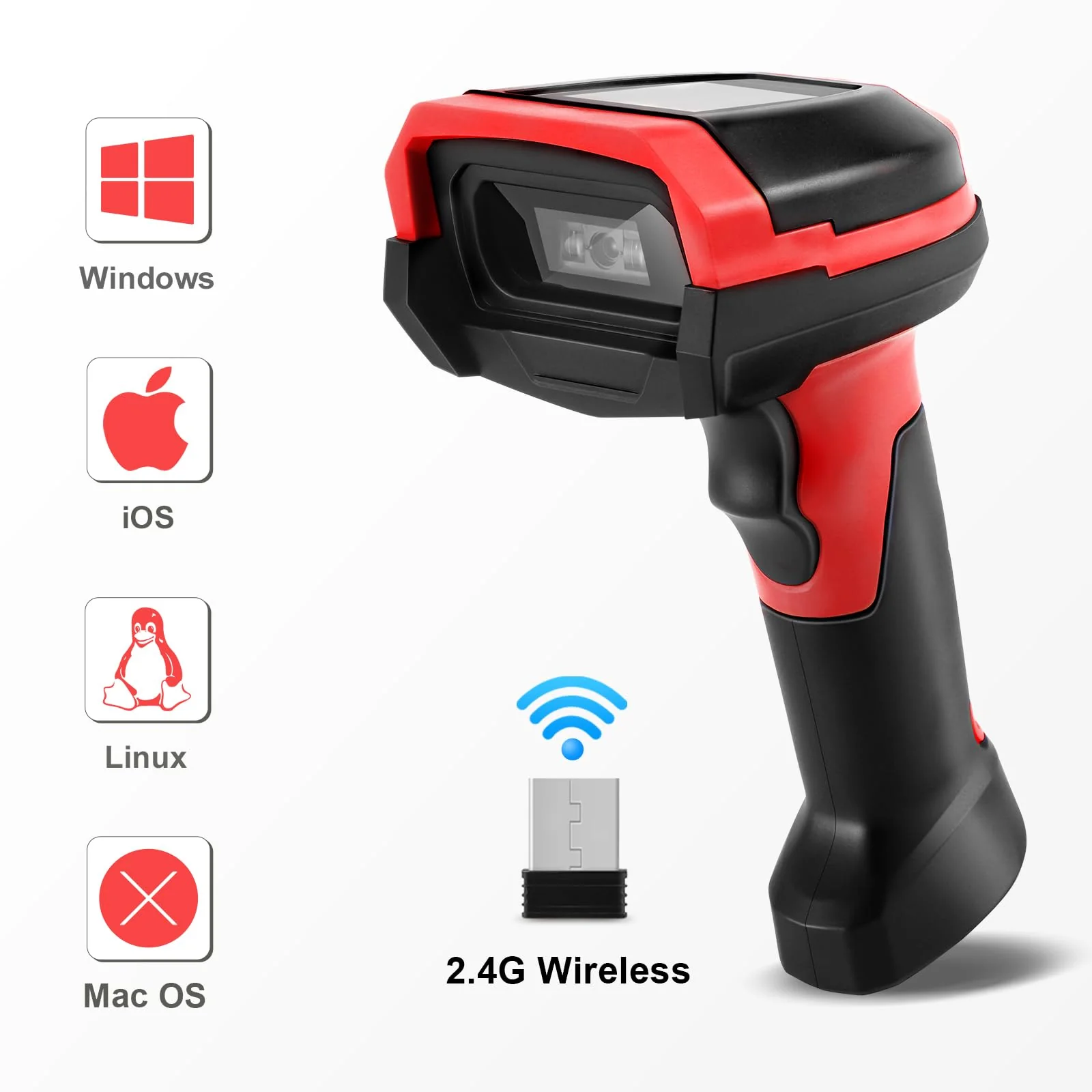 Barcode Scanner Wireless, 1D CCD Automatic Bar Code Scanner with 1.8 Inch Display Screen, Rechargeable Handhold Barcode Reader with 2.4G Receiver & USB Wired Plug and Play (Red) 1D Red - Image 2