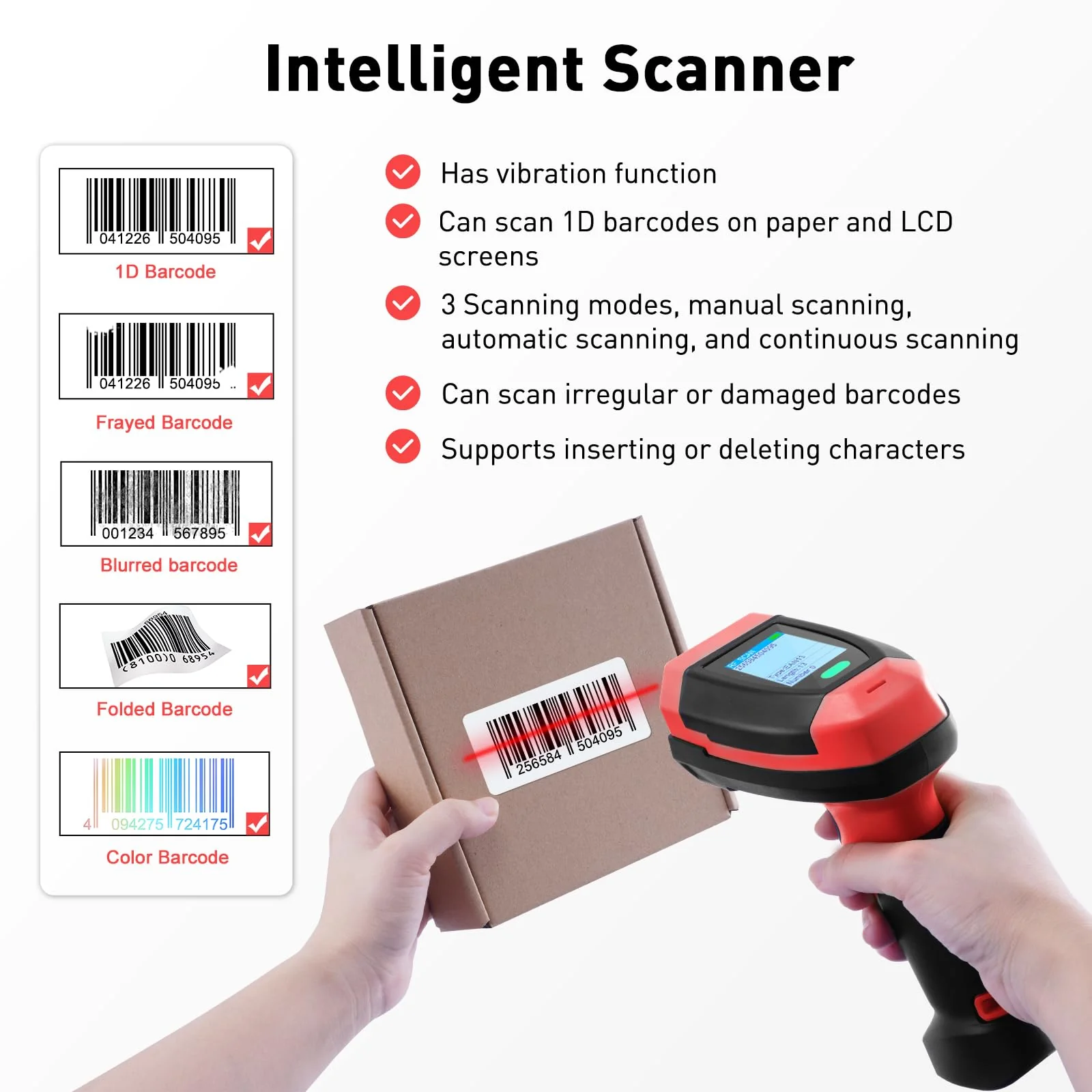 Barcode Scanner Wireless, 1D CCD Automatic Bar Code Scanner with 1.8 Inch Display Screen, Rechargeable Handhold Barcode Reader with 2.4G Receiver & USB Wired Plug and Play (Red) 1D Red - Image 3