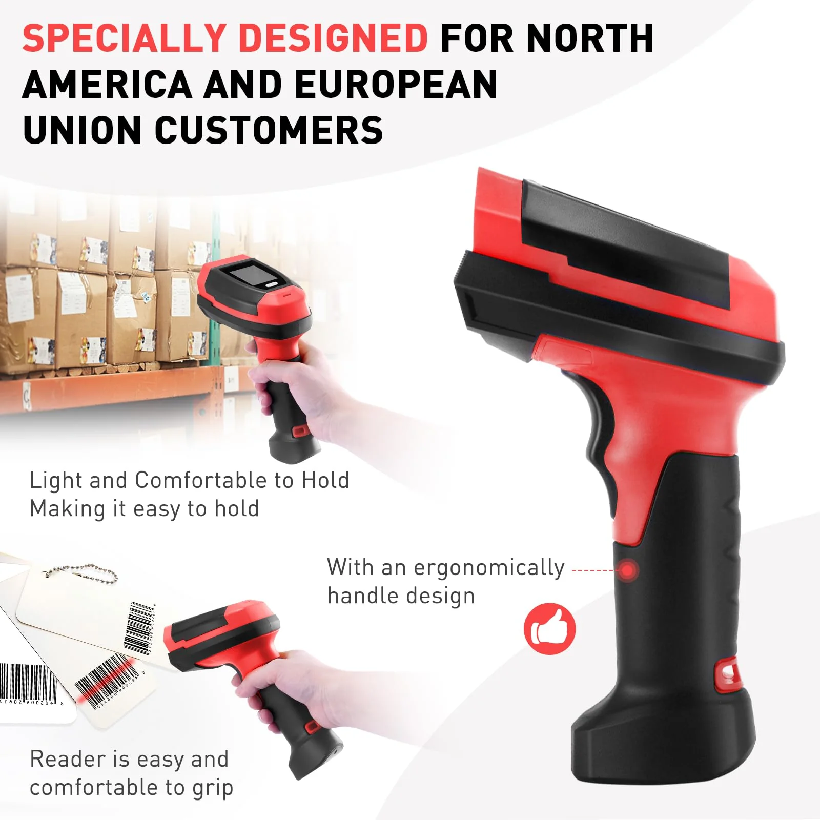 Barcode Scanner Wireless, 1D CCD Automatic Bar Code Scanner with 1.8 Inch Display Screen, Rechargeable Handhold Barcode Reader with 2.4G Receiver & USB Wired Plug and Play (Red) 1D Red - Image 8