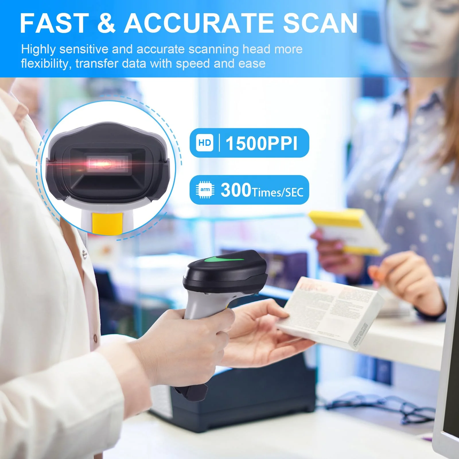 Barcode Scanner Wireless, Onewscan 1D Barcode Reader with Stand, 2.4G Wireless & USB Wired Connection Plug and Play Handheld Bar Code Scanners 2203wh - Image 6