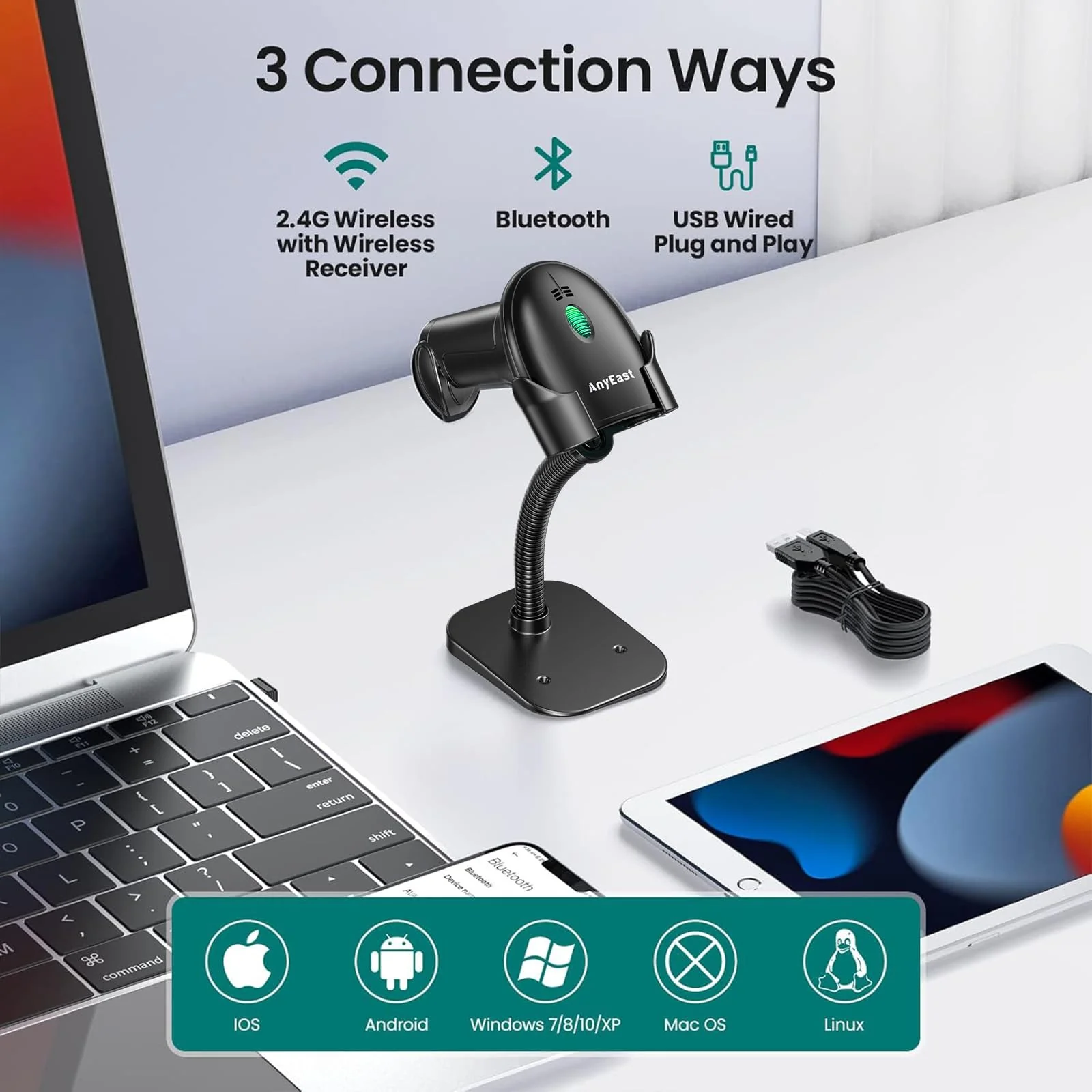 Barcode Scanner with Stand, Bluetooth and Wireless Barcode Scanner, Inventory 2D 1D QR Code Scanners for Computer POS, Handheld CMOS Image Bar Code Reader for Warehouse Library Supermarket Gray - Image 2