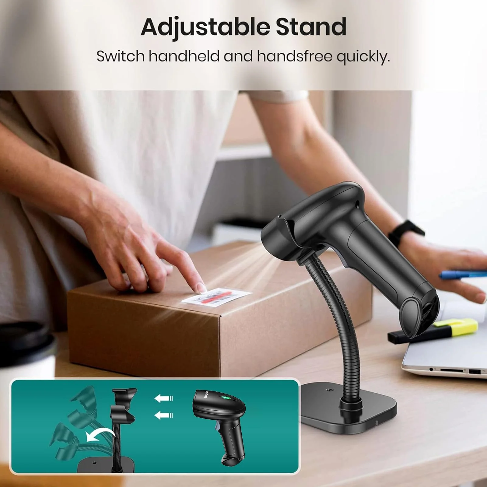 Barcode Scanner with Stand, Bluetooth and Wireless Barcode Scanner, Inventory 2D 1D QR Code Scanners for Computer POS, Handheld CMOS Image Bar Code Reader for Warehouse Library Supermarket Gray - Image 6