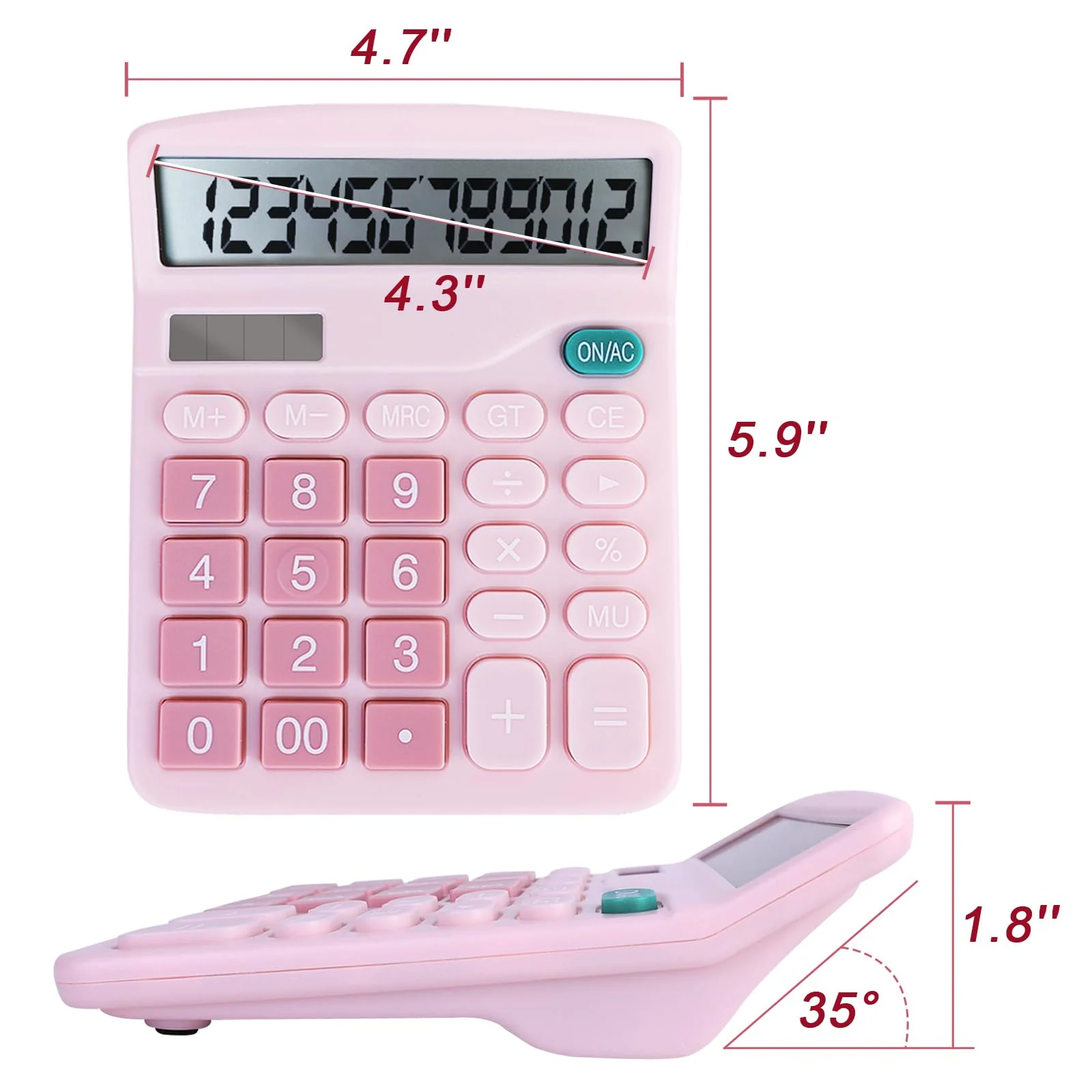 Basic Calculator with Comfortable Large LCD Display, 12 Digits Calculators Desktop, Tilt Screen, Big Button, Desk Calculator with Dual Power (Solar & Battery Included) (Pink) Pink - Image 2