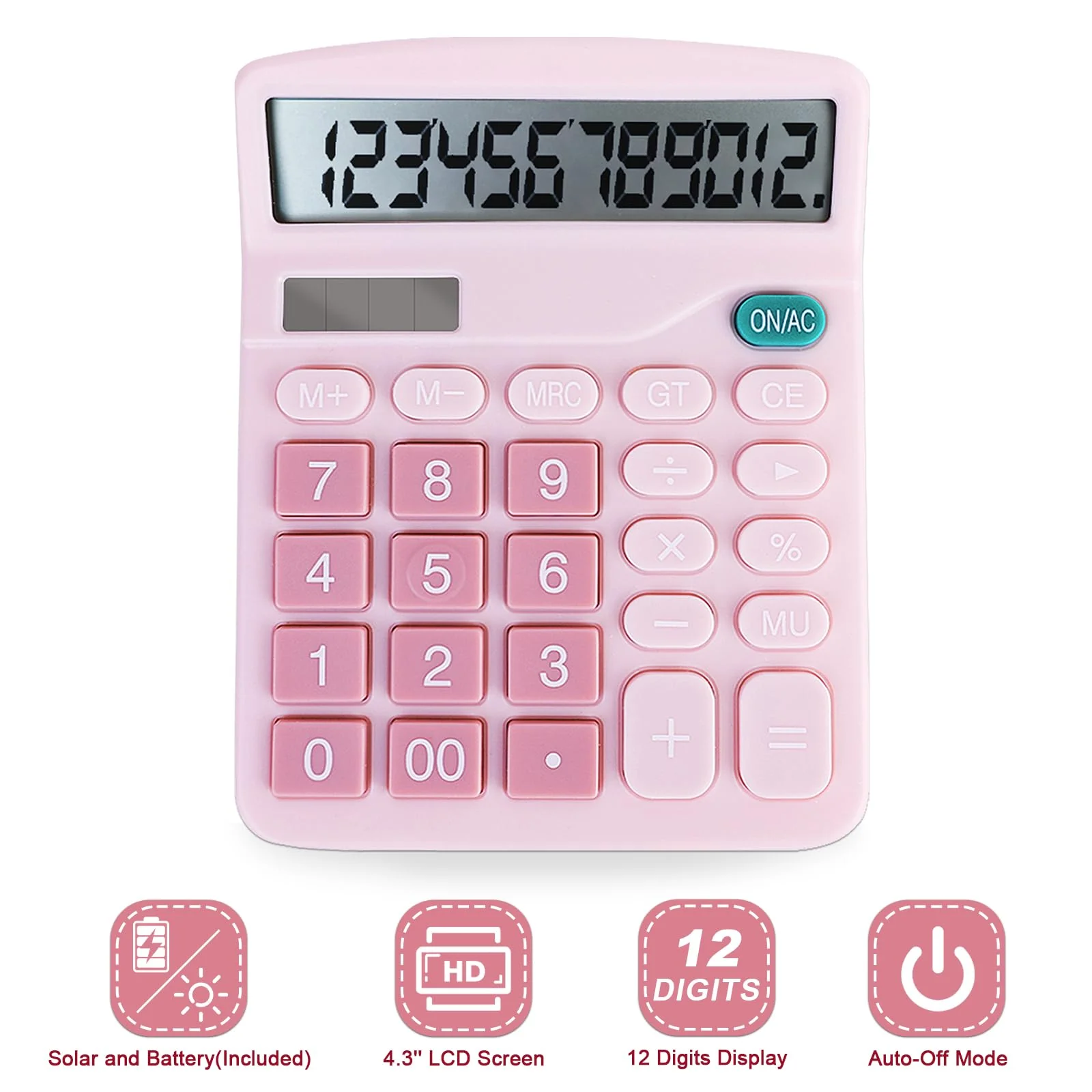 Basic Calculator with Comfortable Large LCD Display, 12 Digits Calculators Desktop, Tilt Screen, Big Button, Desk Calculator with Dual Power (Solar & Battery Included) (Pink) Pink - Image 3