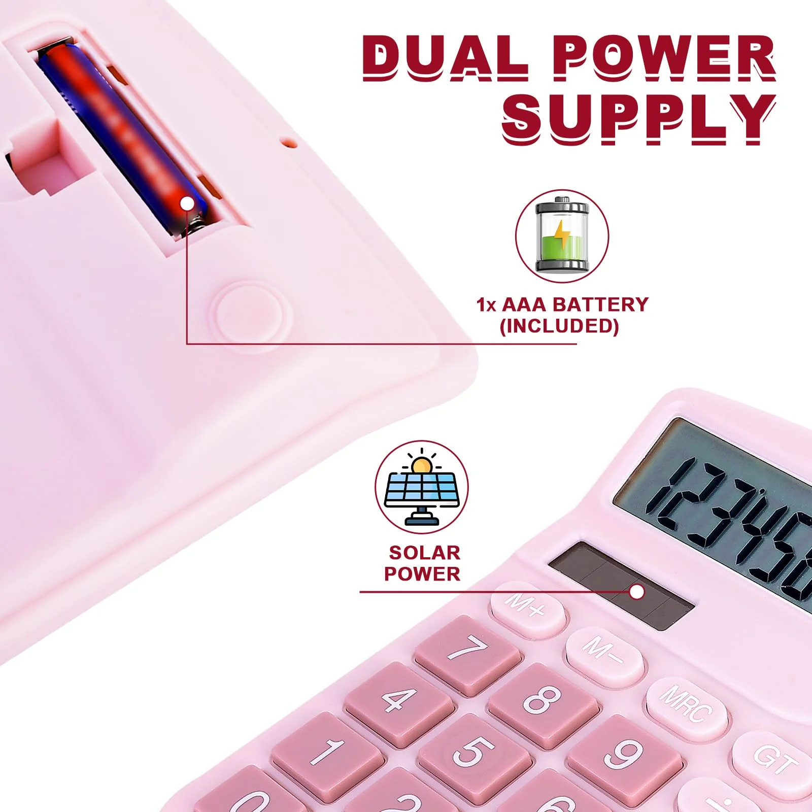 Basic Calculator with Comfortable Large LCD Display, 12 Digits Calculators Desktop, Tilt Screen, Big Button, Desk Calculator with Dual Power (Solar & Battery Included) (Pink) Pink - Image 4