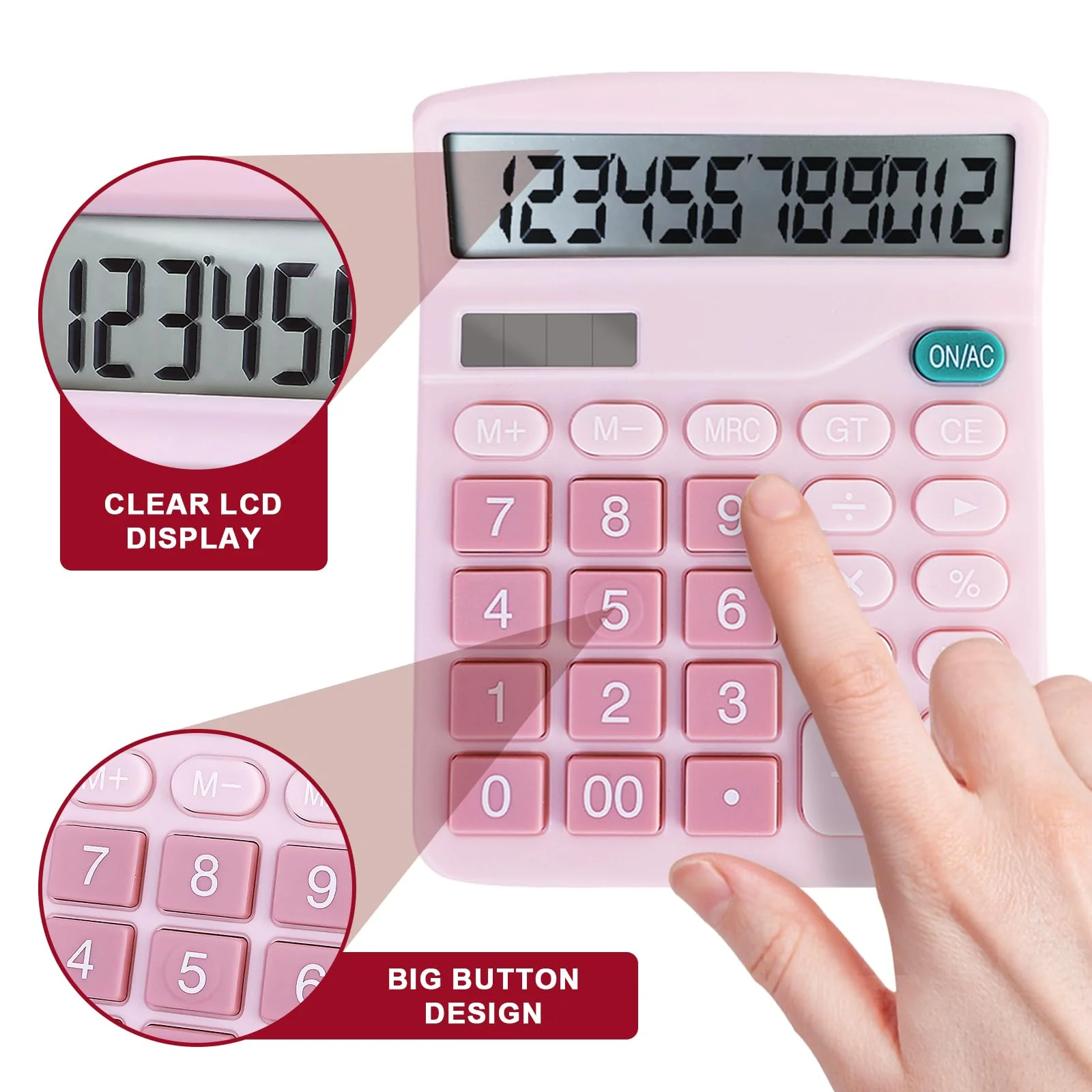 Basic Calculator with Comfortable Large LCD Display, 12 Digits Calculators Desktop, Tilt Screen, Big Button, Desk Calculator with Dual Power (Solar & Battery Included) (Pink) Pink - Image 5
