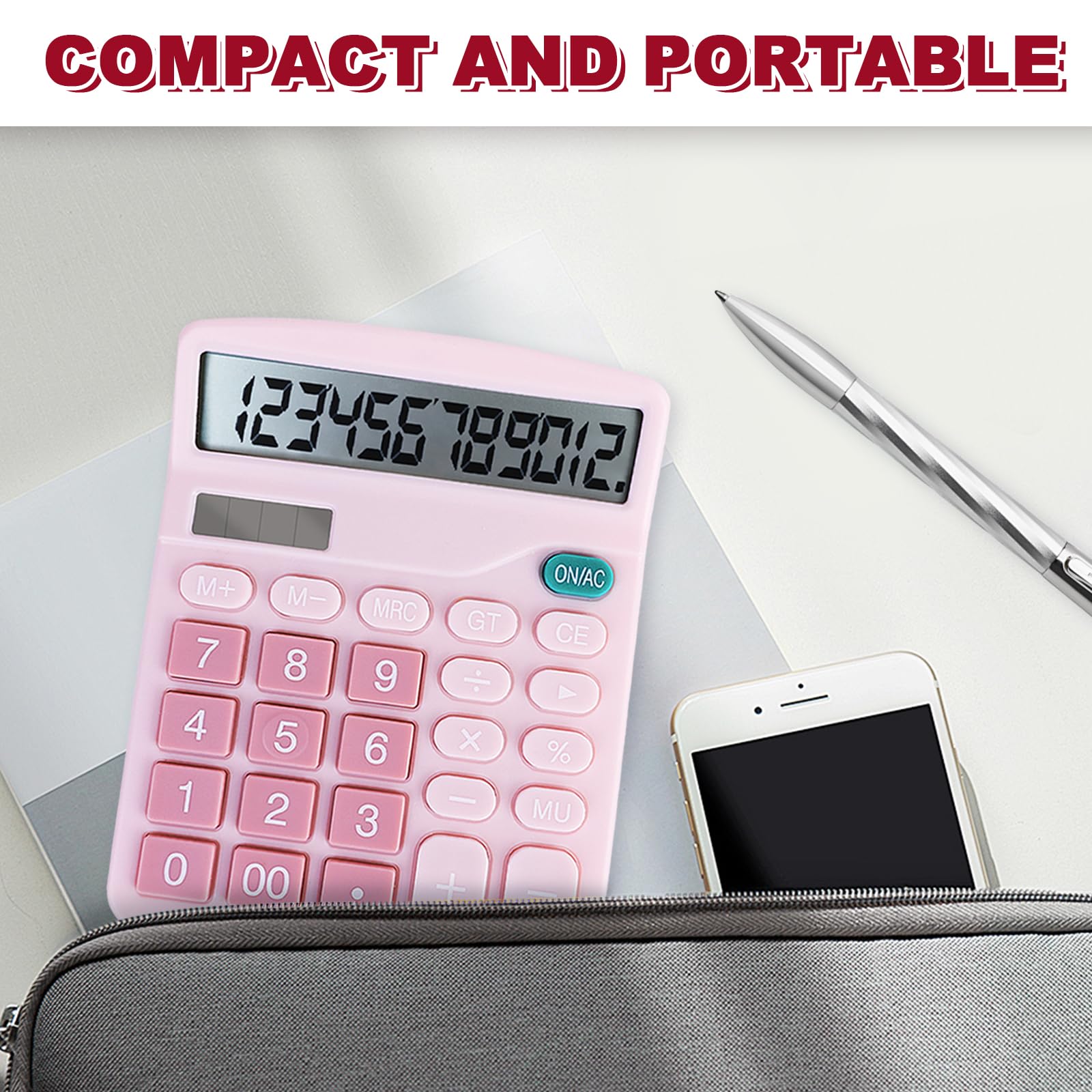 Basic Calculator with Comfortable Large LCD Display, 12 Digits Calculators Desktop, Tilt Screen, Big Button, Desk Calculator with Dual Power (Solar & Battery Included) (Pink) Pink - Image 6