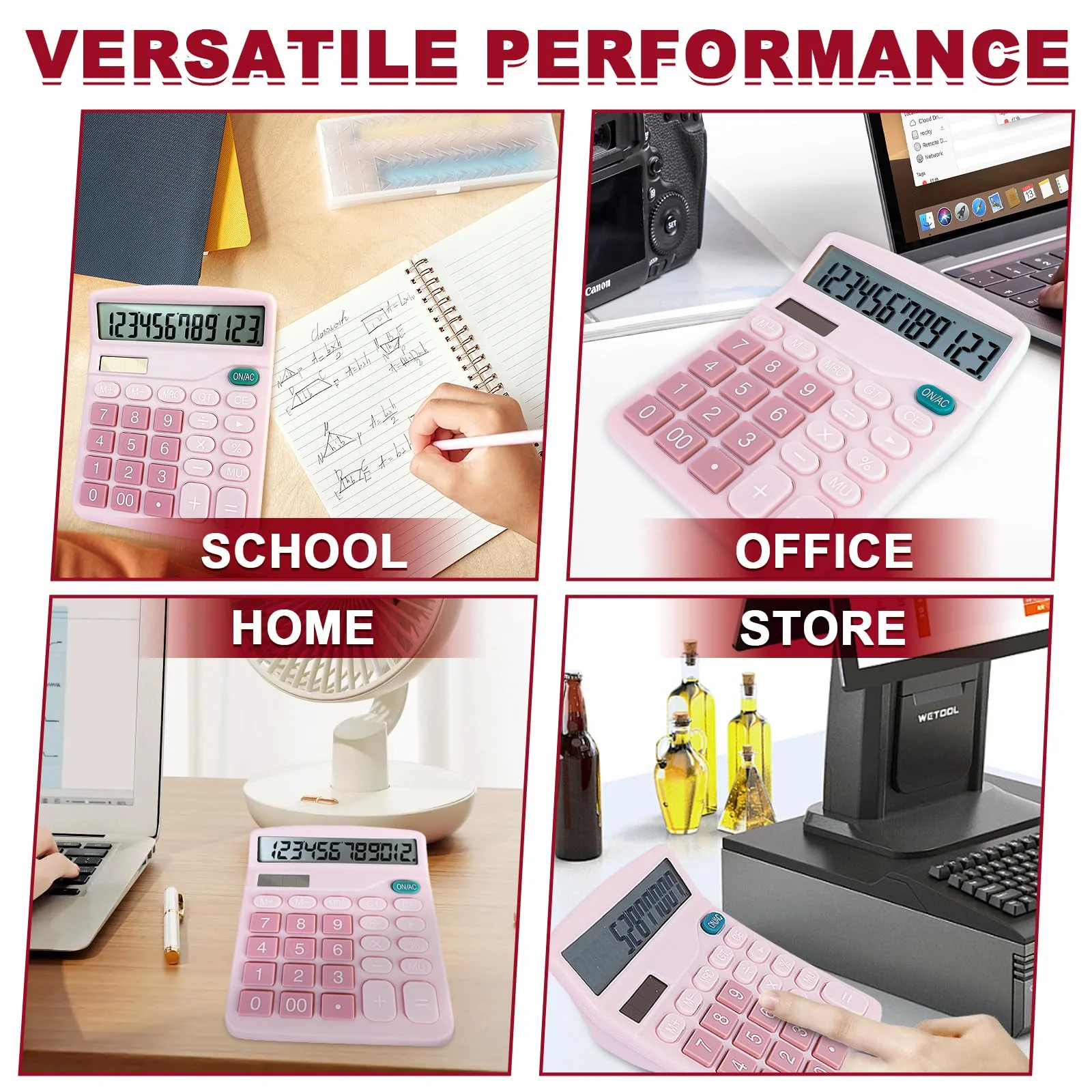 Basic Calculator with Comfortable Large LCD Display, 12 Digits Calculators Desktop, Tilt Screen, Big Button, Desk Calculator with Dual Power (Solar & Battery Included) (Pink) Pink - Image 7
