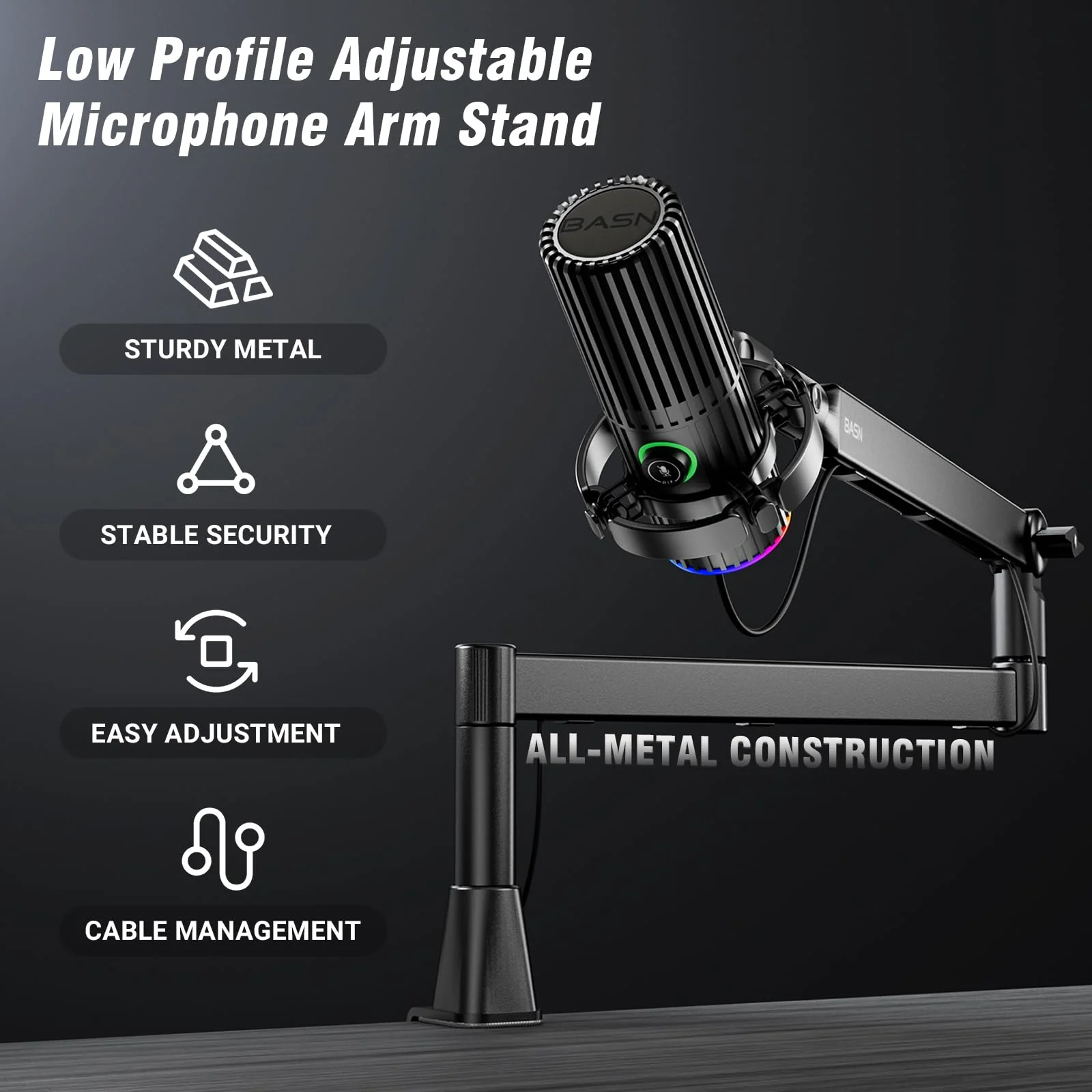 BASN Low Profile Mic Arm, Microphone Boom Arm Stand with Desk Clamp - Rotatable & Storable Design, Cable Management Channel, 3/8" to 5/8" Thread Adapter for Podcast, Gaming, Streaming, Vocal Recording - Image 2