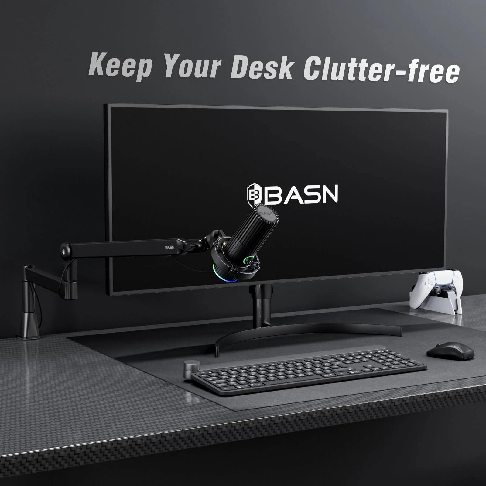 BASN Low Profile Mic Arm, Microphone Boom Arm Stand with Desk Clamp - Rotatable & Storable Design, Cable Management Channel, 3/8" to 5/8" Thread Adapter for Podcast, Gaming, Streaming, Vocal Recording - Image 3