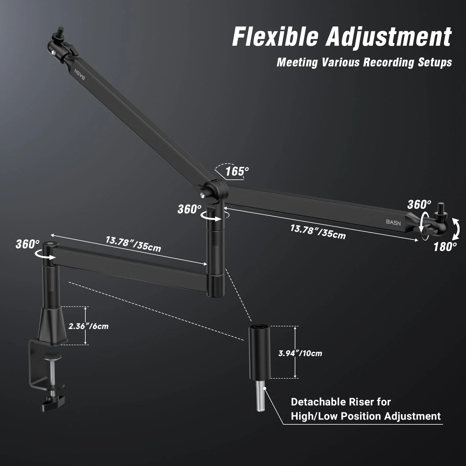 BASN Low Profile Mic Arm, Microphone Boom Arm Stand with Desk Clamp - Rotatable & Storable Design, Cable Management Channel, 3/8" to 5/8" Thread Adapter for Podcast, Gaming, Streaming, Vocal Recording - Image 4