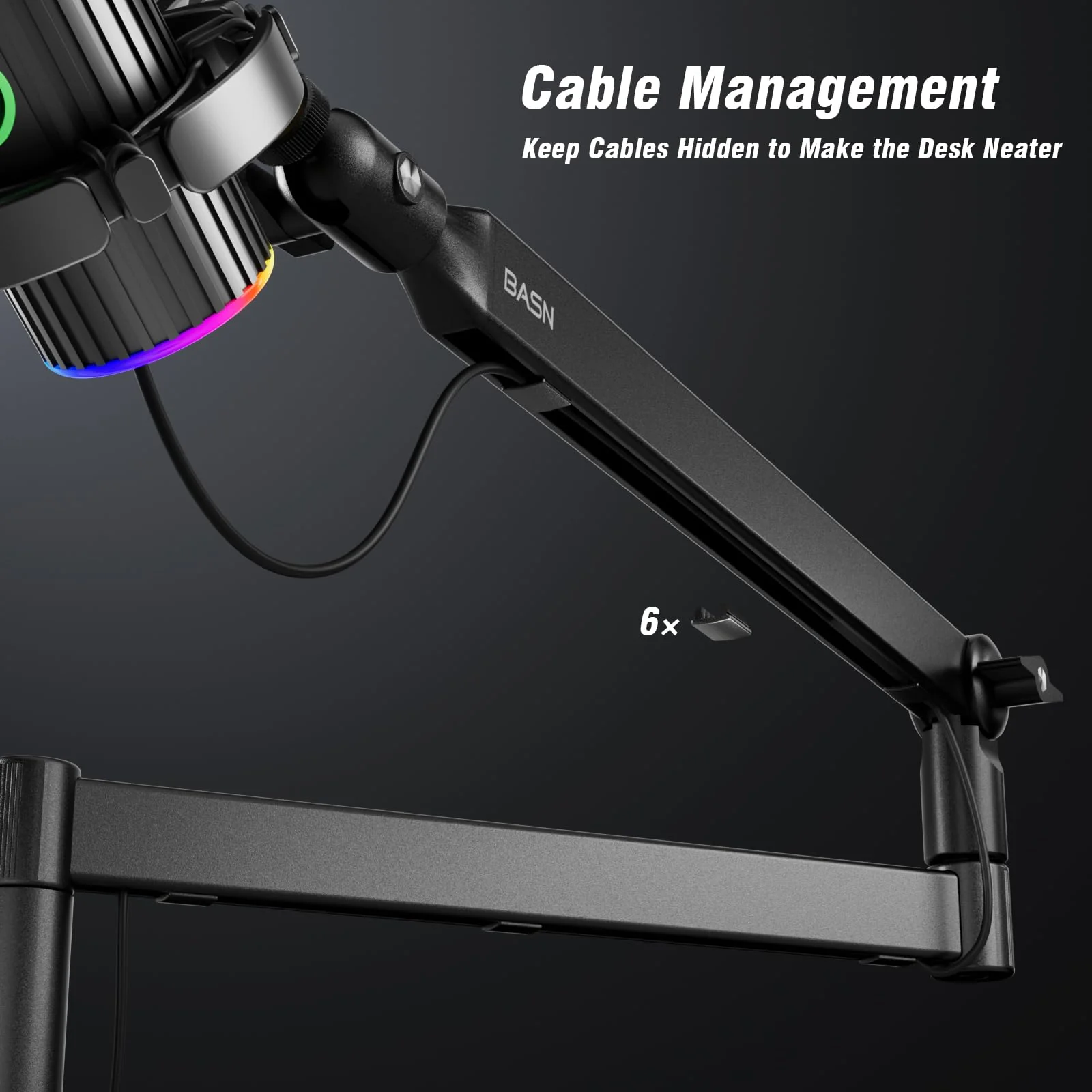 BASN Low Profile Mic Arm, Microphone Boom Arm Stand with Desk Clamp - Rotatable & Storable Design, Cable Management Channel, 3/8" to 5/8" Thread Adapter for Podcast, Gaming, Streaming, Vocal Recording - Image 6