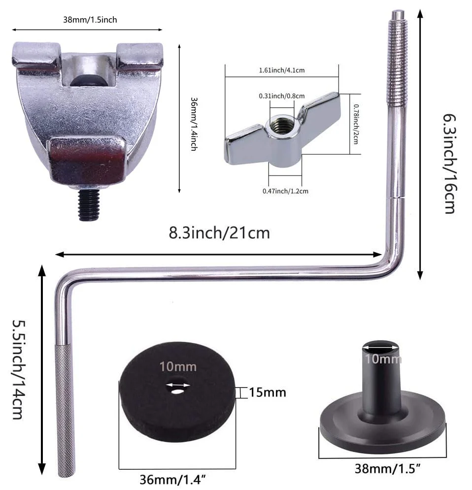 Bass Drum Hoop Mount Cymbal Holder Clamp with Z-Rod for Drum Set Extension Accessories include Felt Pads, Sleeves, Wing Nuts 10pcs - Image 6