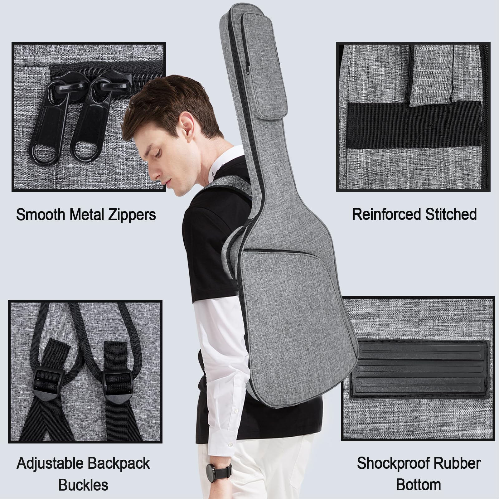 Bass Guitar Bag, Bass Gig Bag 7MM Padding Soft Electric Bass Guitar Case Backpack with Pockets, Grey Grey-1 - Image 2