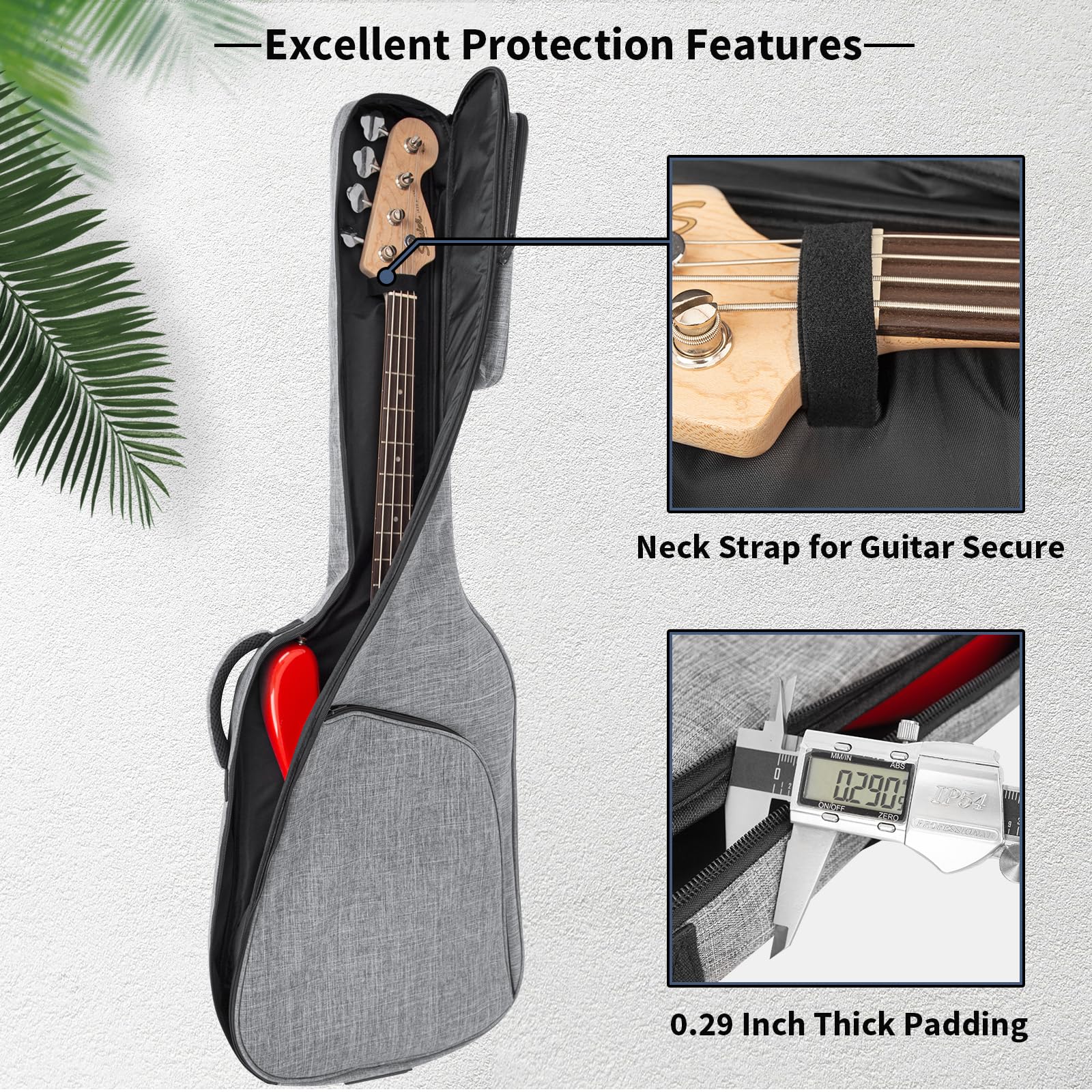 Bass Guitar Bag, Bass Gig Bag 7MM Padding Soft Electric Bass Guitar Case Backpack with Pockets, Grey Grey-1 - Image 4