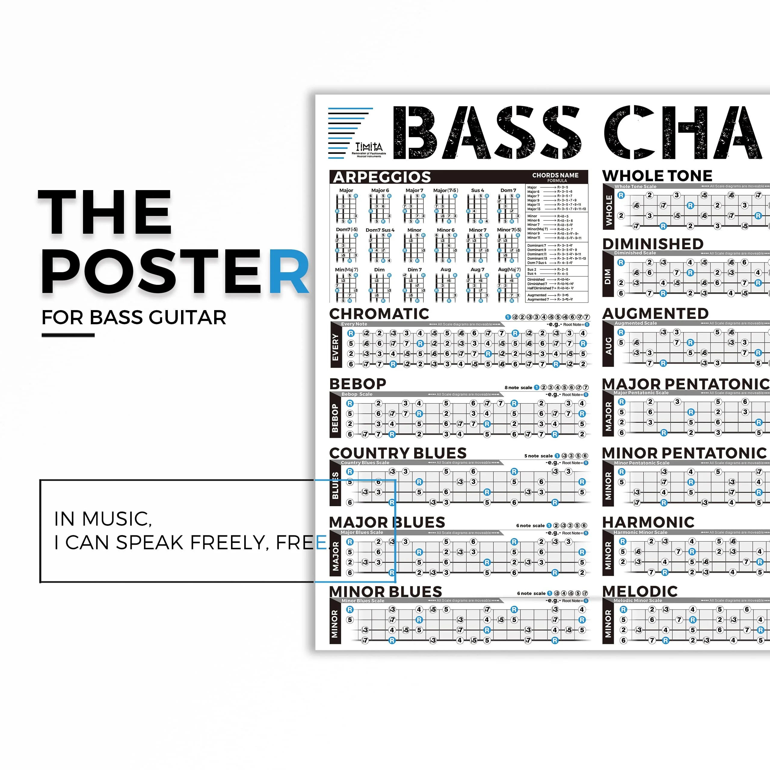 Bass Scales Modes Chart of Pentatonic | Blues | Harmonic Minor | Melodic Minor & Diatonic Mode, Basses Guitar Wall Poster for Beginners Adult or Kid Bass Guitar Poster - Image 2