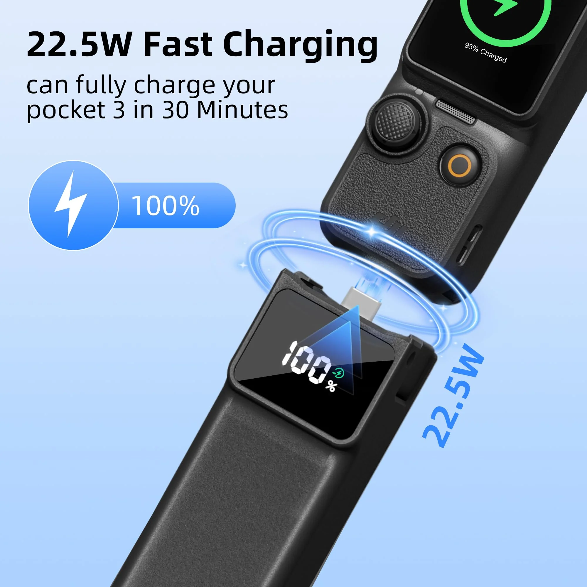 Battery Handle Compatible with DJI Osmo Pocket 3 Accessories, with Digital Screen for Pocket 3 Battery Grips for Xtra Muse Built-in 5000mAh Battery Fast Charging and Reserved 1/4”Thread - Image 5