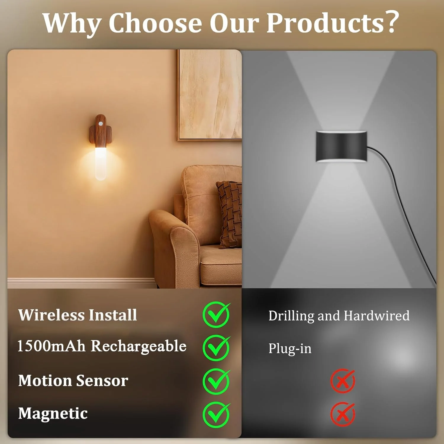 Battery Operated Motion Sensor Wall Sconces Set of 3, Motion Sensor Wall Light Wireless, Magnet Rechargeable LED Lights, Stairs Lights, Decor for Bedroom, Hallway, Living Room, Closet (Walnut Wood) Walnut Wood-3pcs（NEW） - Image 2
