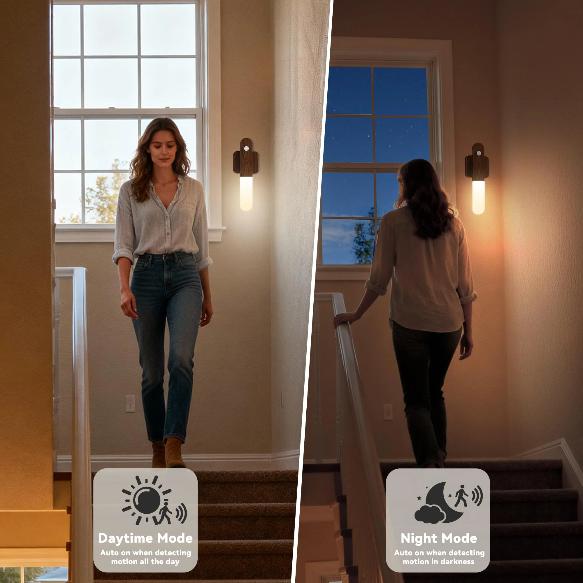 Battery Operated Motion Sensor Wall Sconces Set of 3, Motion Sensor Wall Light Wireless, Magnet Rechargeable LED Lights, Stairs Lights, Decor for Bedroom, Hallway, Living Room, Closet (Walnut Wood) Walnut Wood-3pcs（NEW） - Image 5