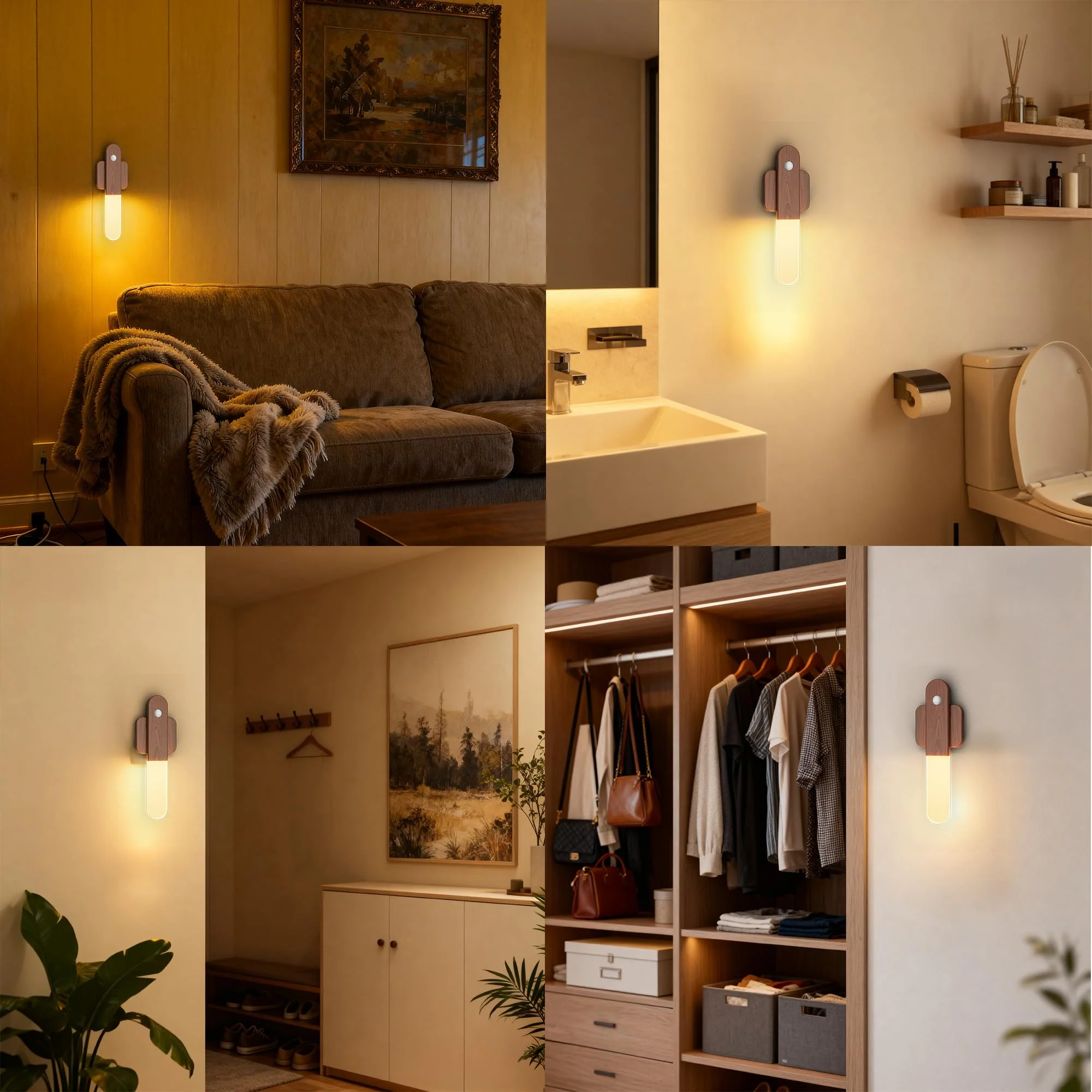 Battery Operated Motion Sensor Wall Sconces Set of 3, Motion Sensor Wall Light Wireless, Magnet Rechargeable LED Lights, Stairs Lights, Decor for Bedroom, Hallway, Living Room, Closet (Walnut Wood) Walnut Wood-3pcs（NEW） - Image 7