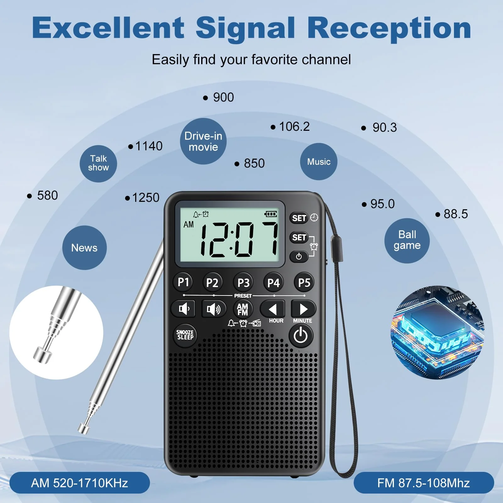Battery Operated Portable Pocket AM/FM Radio | Digital Tuning, Loud Speaker, Excellent Reception | Portable Emergency & Outdoor Radio with LCD Screen, Alarm Clock, Preset, Sleep Timer, Snooze - Image 2