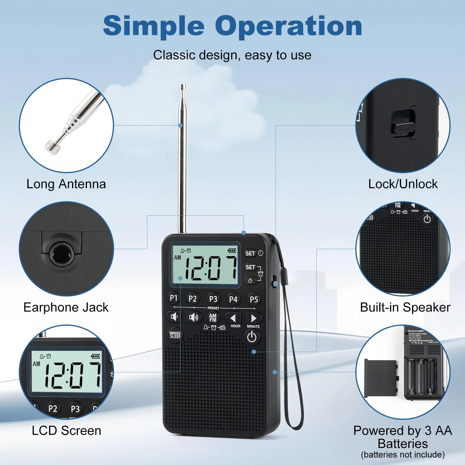 Battery Operated Portable Pocket AM/FM Radio | Digital Tuning, Loud Speaker, Excellent Reception | Portable Emergency & Outdoor Radio with LCD Screen, Alarm Clock, Preset, Sleep Timer, Snooze - Image 4