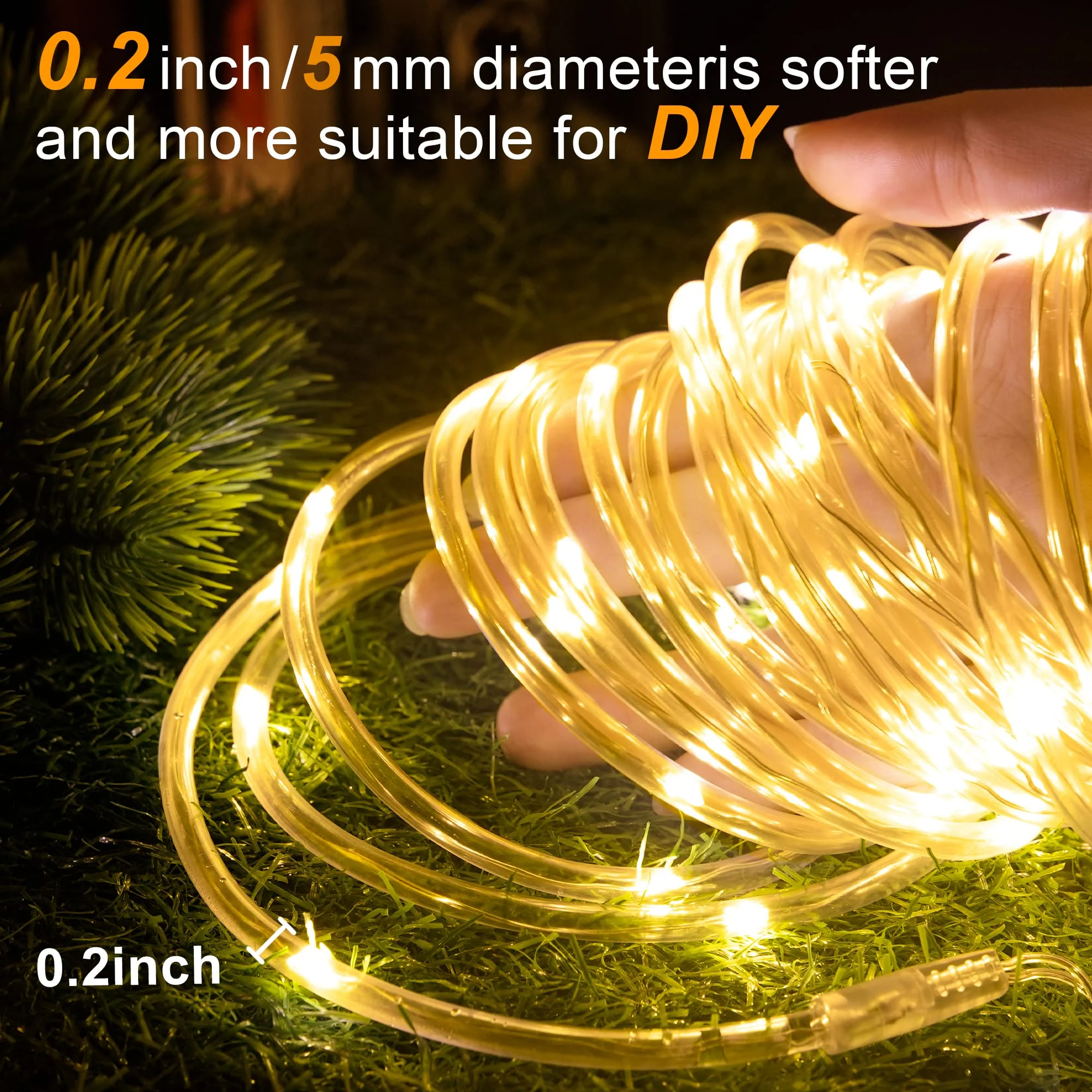 Battery Operated Rope Lights Outdoor Waterproof, 2 Pack Total 200 LED 66Ft Battery Powered String Lights, 8 Modes Christmas Lights for Party Garden Walkway Patio Decorations (Warm White) Warm White - Image 2