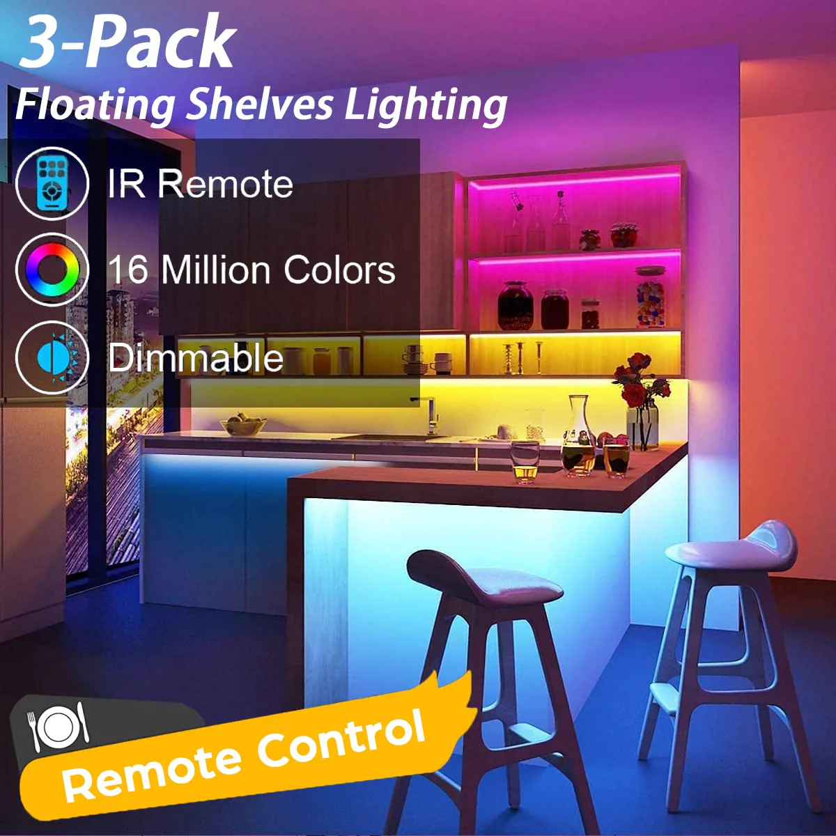 Battery Powered LED Strip Lights, Wireless RGB LED Strip Lights with 24 Keys Remote Control, 20 inch x 3 Pack for Kitchen Under Cabinet Lighting, Shelves, Under Counter, Closet, Cordless Click Light RGB 3Pack - Image 2