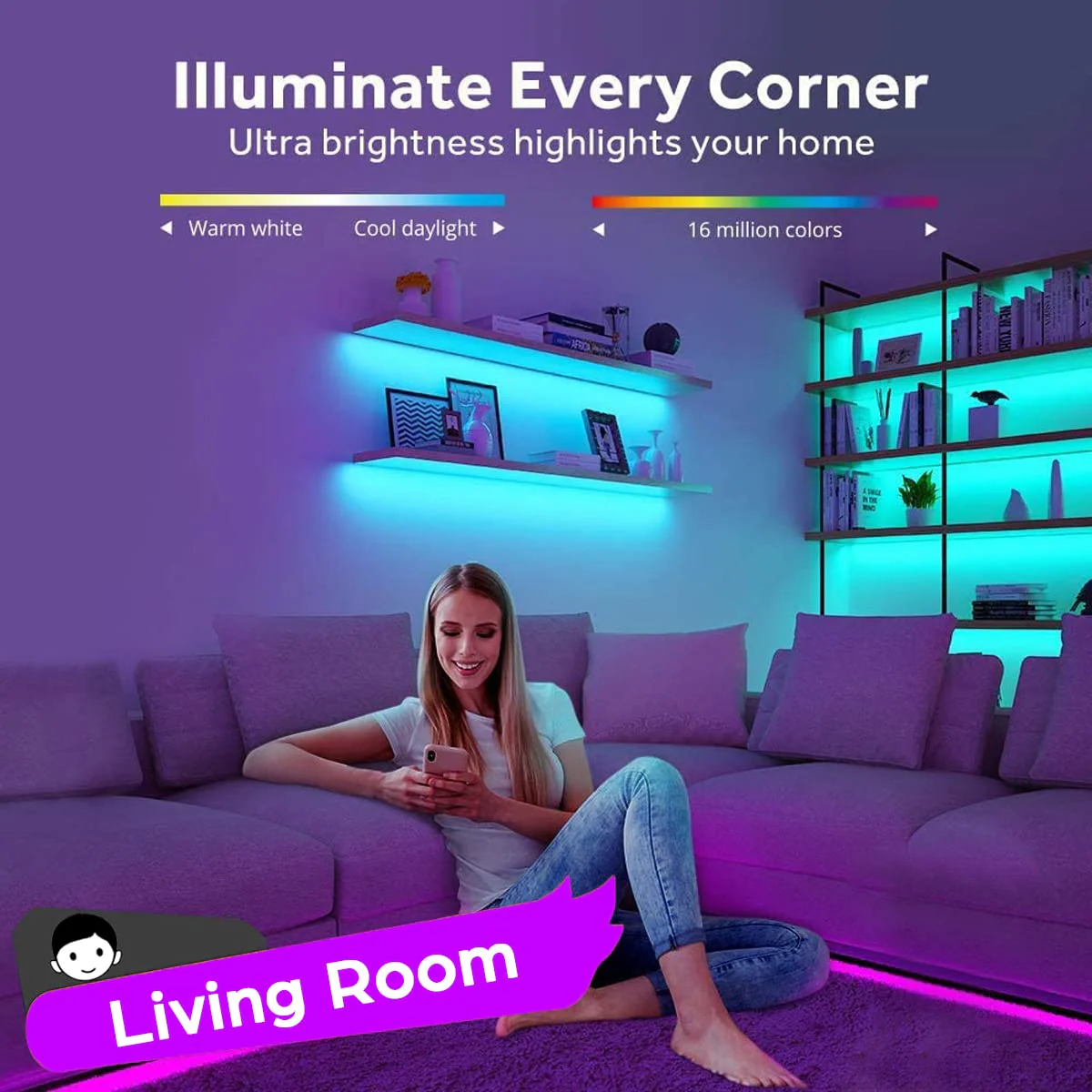 Battery Powered LED Strip Lights, Wireless RGB LED Strip Lights with 24 Keys Remote Control, 20 inch x 3 Pack for Kitchen Under Cabinet Lighting, Shelves, Under Counter, Closet, Cordless Click Light RGB 3Pack - Image 7