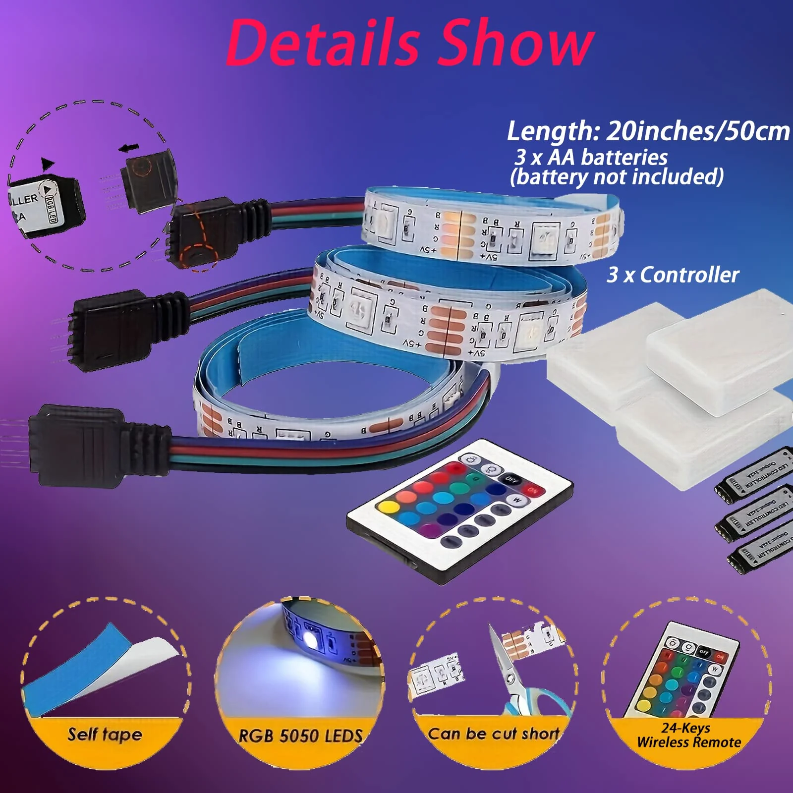 Battery Powered LED Strip Lights, Wireless RGB LED Strip Lights with 24 Keys Remote Control, 20 inch x 3 Pack for Kitchen Under Cabinet Lighting, Shelves, Under Counter, Closet, Cordless Click Light RGB 3Pack - Image 8