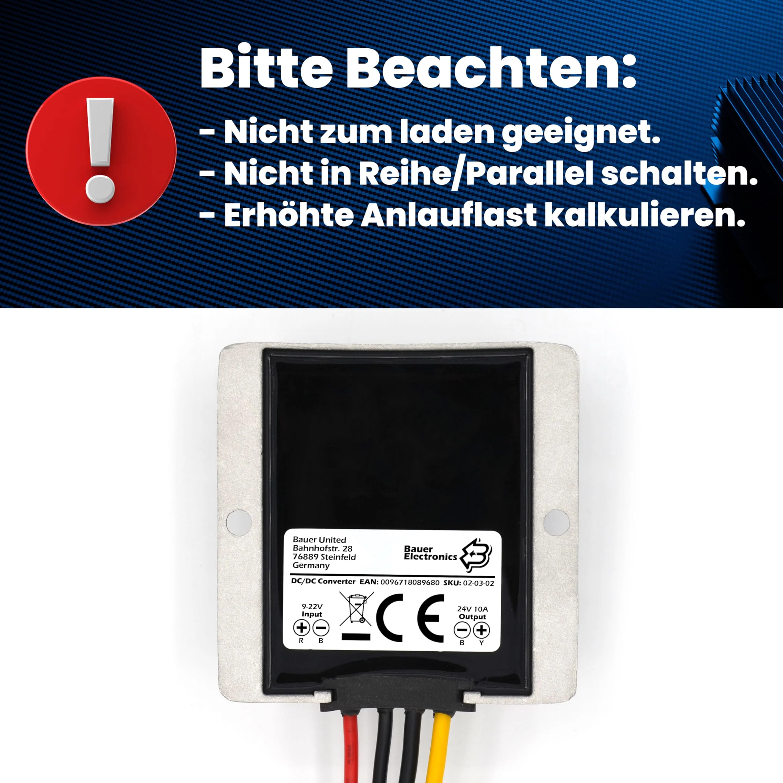 Bauer Electronics DC-DC 9V-22V to 24V Voltage Converter 10A 240W 12-V 24-V Converter Power Adapter Voltage Regulator Voltage Stabiliser Voltage Limiter Truck Step-up Boost Volt Input: 9-22V Output: 24V | 240W | 10A - Image 3